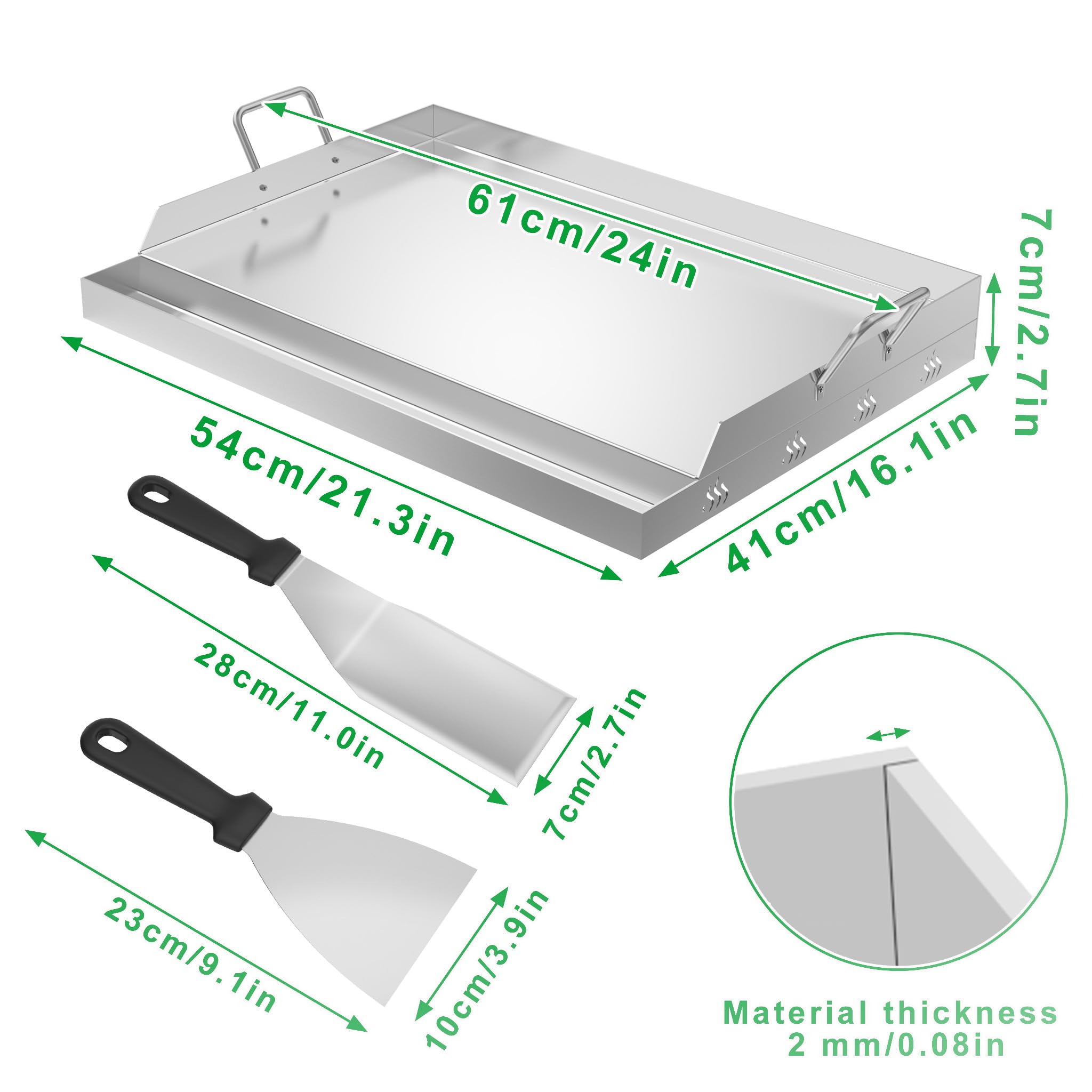 Piastre per barbecue in acciaio inox, 61 x 41 x 7 cm, set con maniglia, contenitore per grasso e 2 spatole per barbecue, piastra per barbecue a gas, griglia a induzione