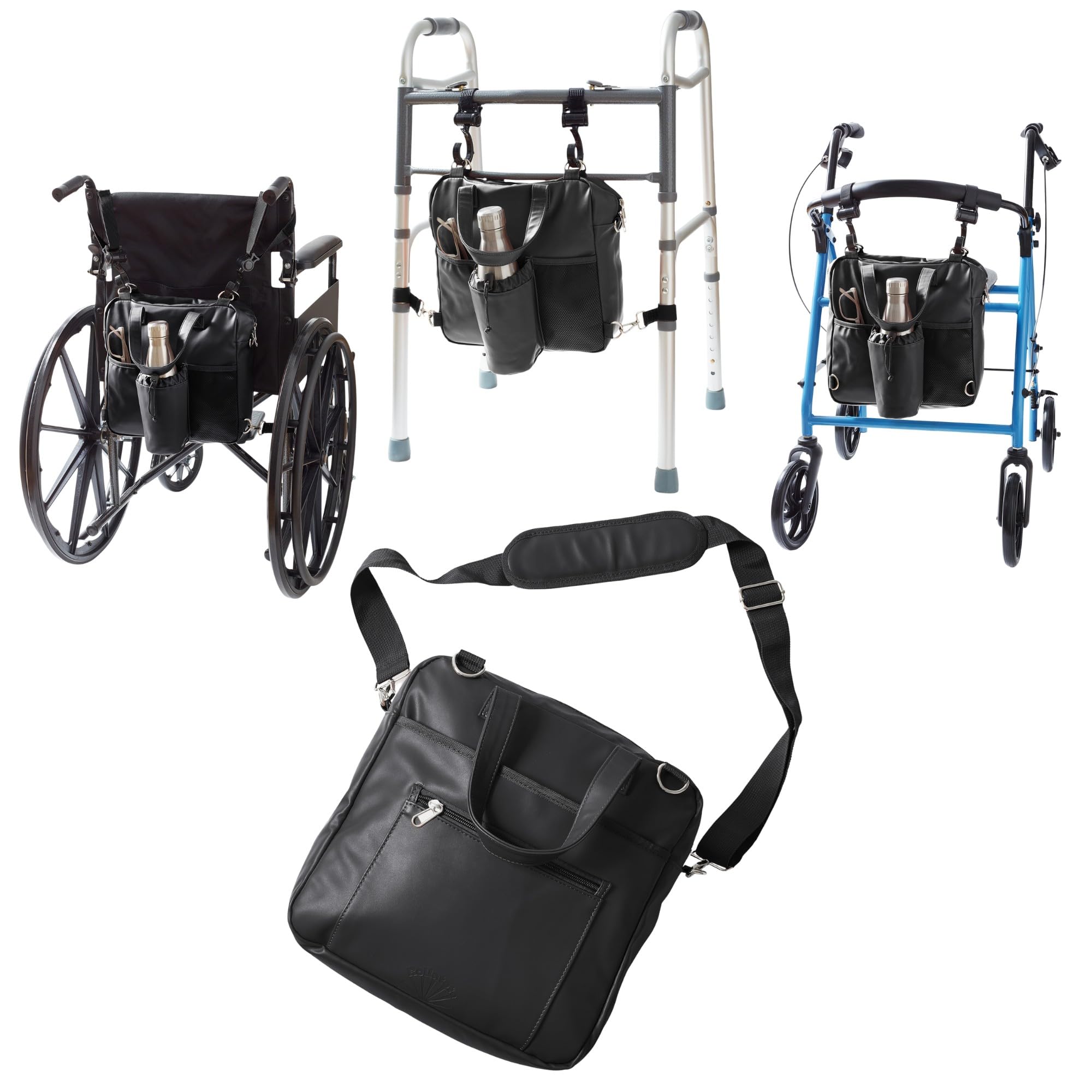 Easy Hook On & Off Walker–Rollator–Wheelchair Messenger Bag, Water-Resistant, Durable Leather-Like Material, Bottle Holder, Soft-Lined Glasses Pocket, Padded Interior, Shoulder Strap (Black)