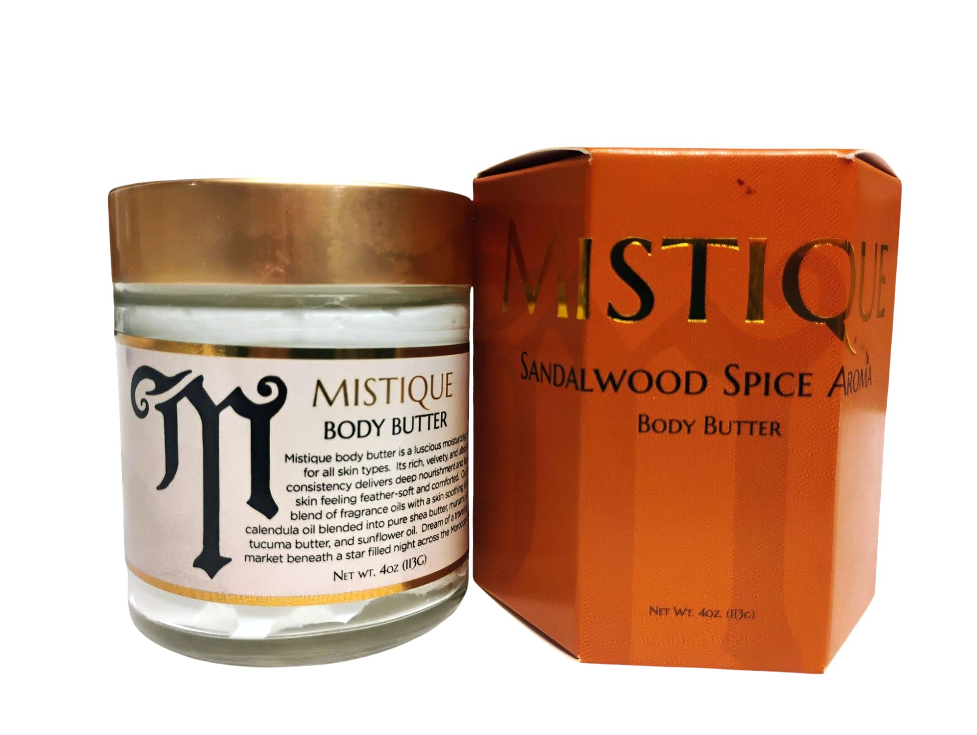 Mistique body butter, aromatic spices of sandalwood and patchouli, rich, all over body moisturizer with tucuma butter and deep skin conditioning
