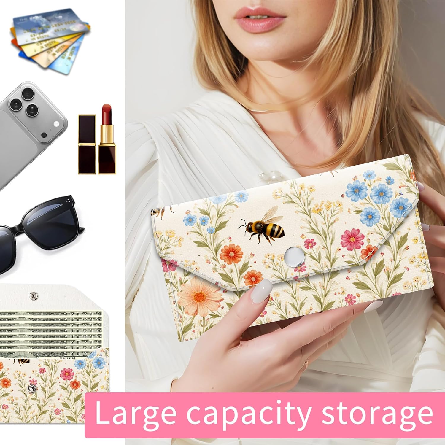 Cash Envelope Wallet for Budgeting, PU Leather Cute Cash Pouch with 4 Cash Dividers & 1 Category Stickers, Reusable Money Holder for Men and Women, Bee Floral image 2