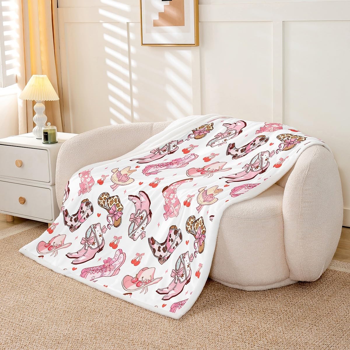 jejeloiu Kids Pink Cowgirl Fleece Throw Blanket Twin 60"x80" Western Fuzzy Blanket for Bed Sofa Couch Cowgirl Boots Bow Ribbon Sherpa Blanket Fuzzy Blanket