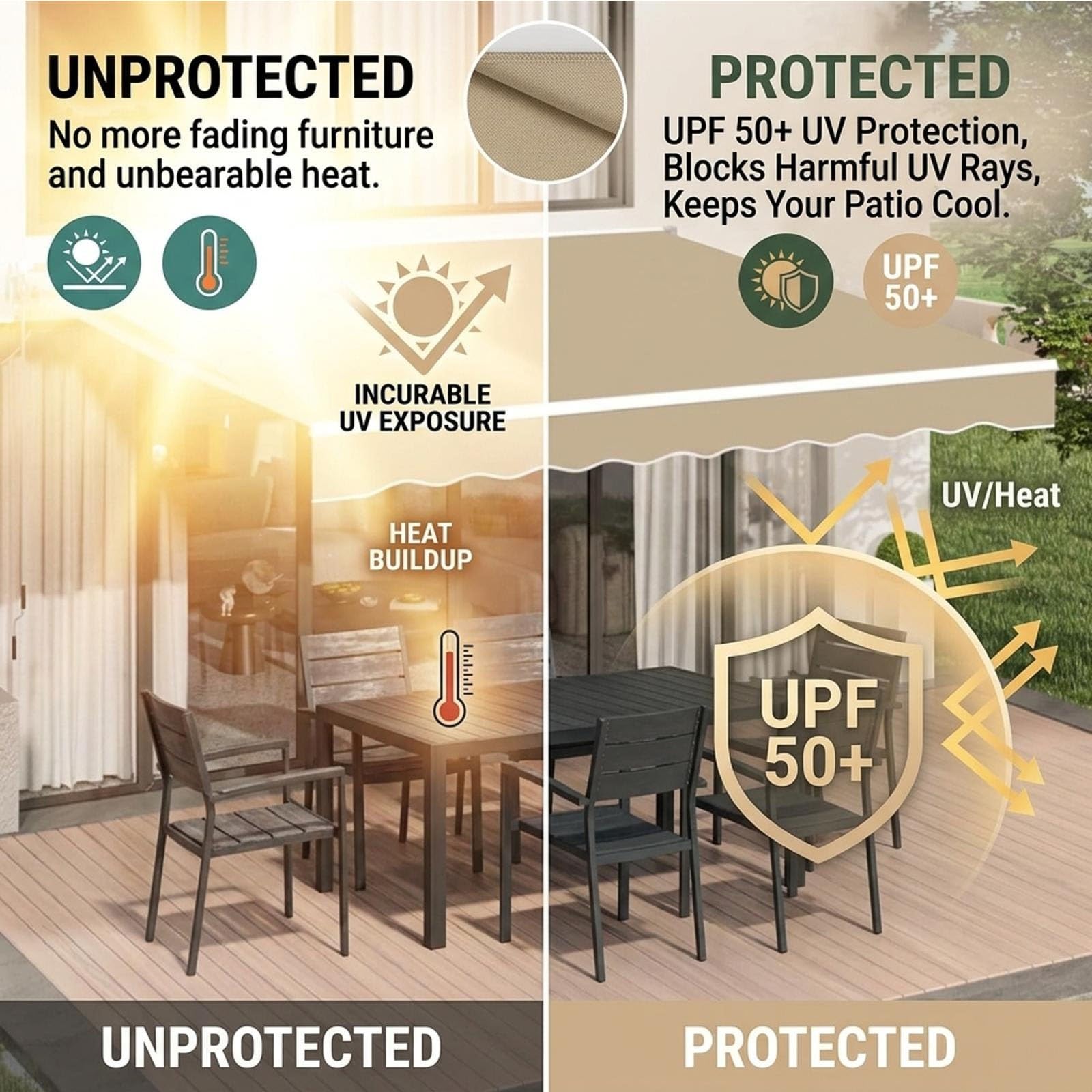 Toile de Rechange pour Store Banne Rétractable, Toile de Store Extérieur Imperméable pour Terrasse et Porche, Bâche de Protection Anti-UV sans Armature