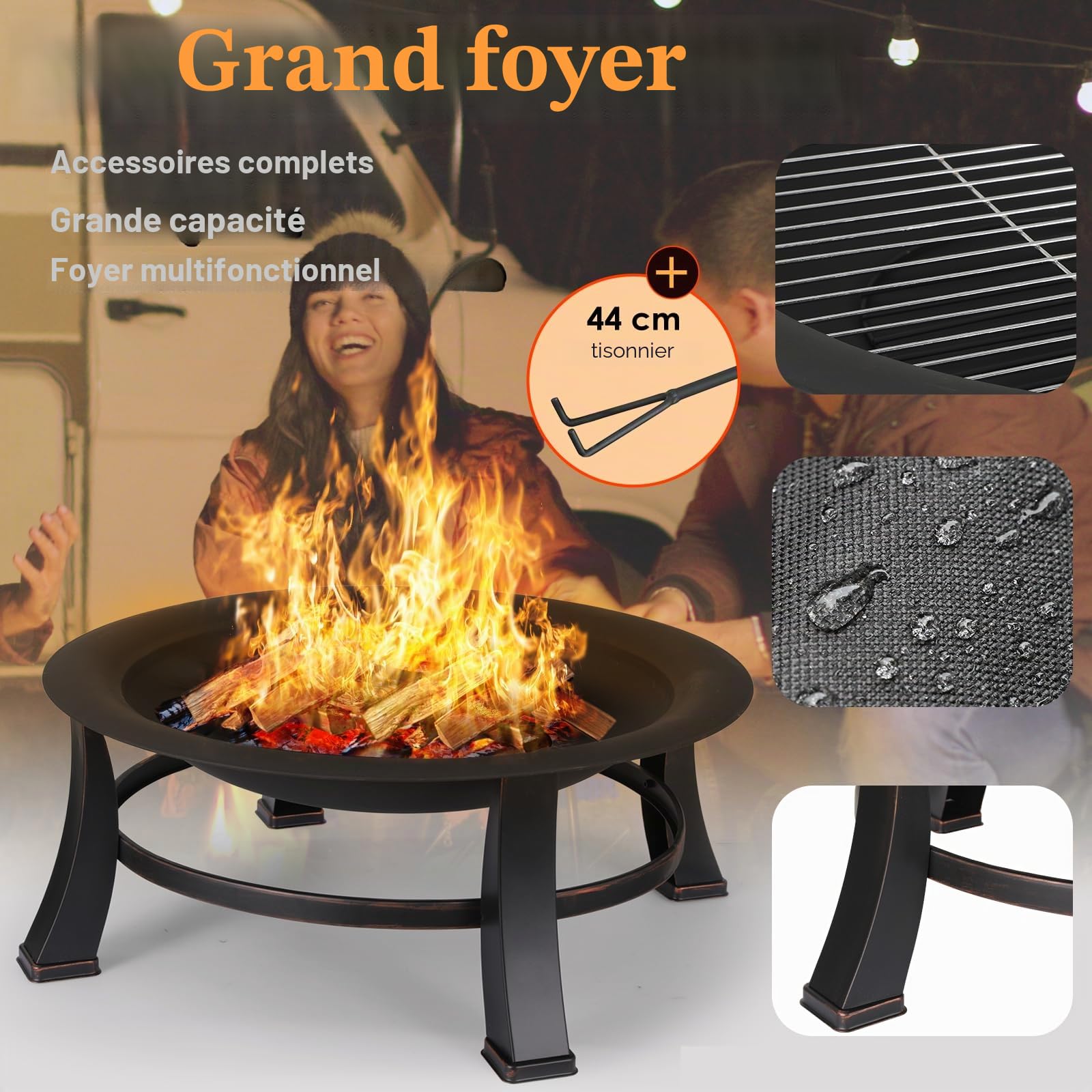 LIFERUN Brasero de Jardin Extérieur, avec Couvercle Oxford Imperméable 600D