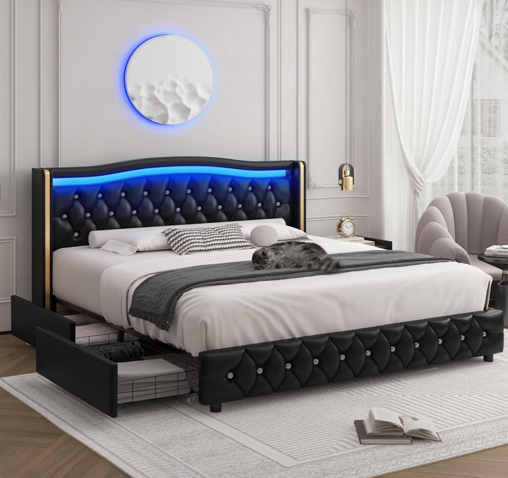 HIFIT King Size LED Bed Frame with 4 Storage Drawers Crystal Button-Tufted Wingback Headboard Modern PU Upholstered Platform