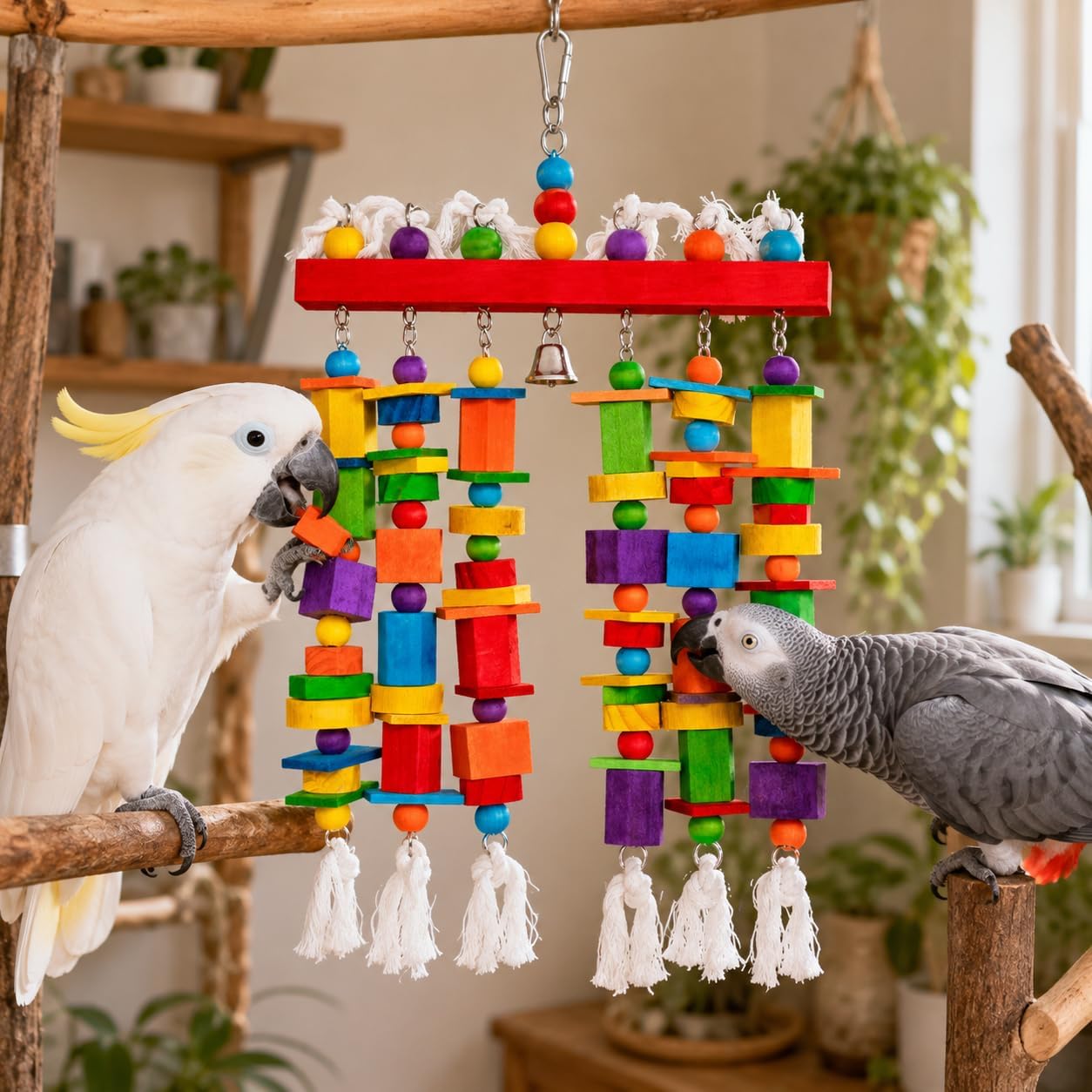 Extra Large Bird Toys for Macaws African Greys Cockatoos, 21.6" x 13" Heavy Duty Parrot Chewing Toy with Durable Stainless Steel Chain & Natural Wood Blocks, Large Bird Cage Accessories with Bell