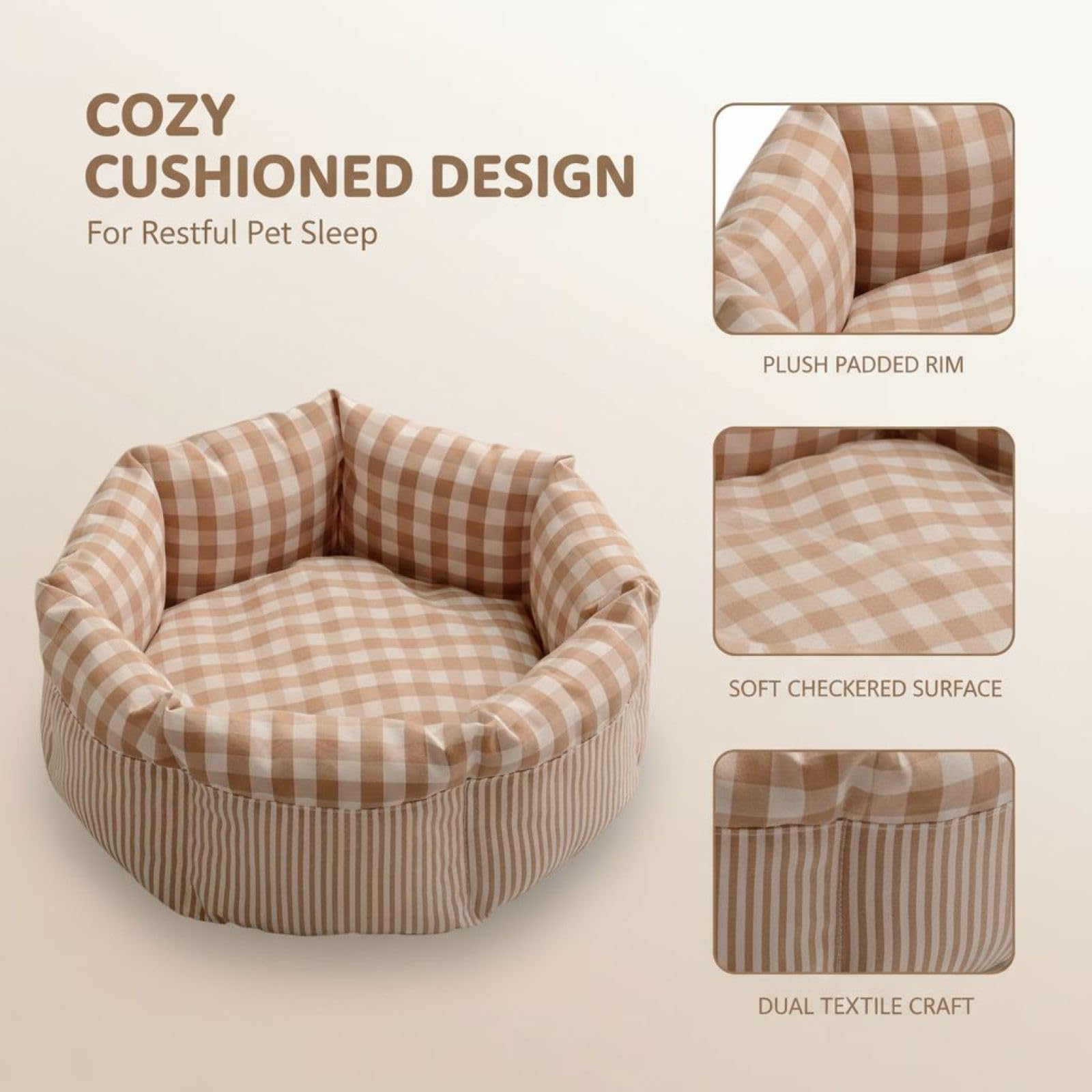 Generisch Cama para gatos y perros pequeños, cama redonda para mascotas con patrón de cuadros amarillos, suave y cómoda para acurrucarse, diseño cerrado con lados altos, 16.5 pulgadas