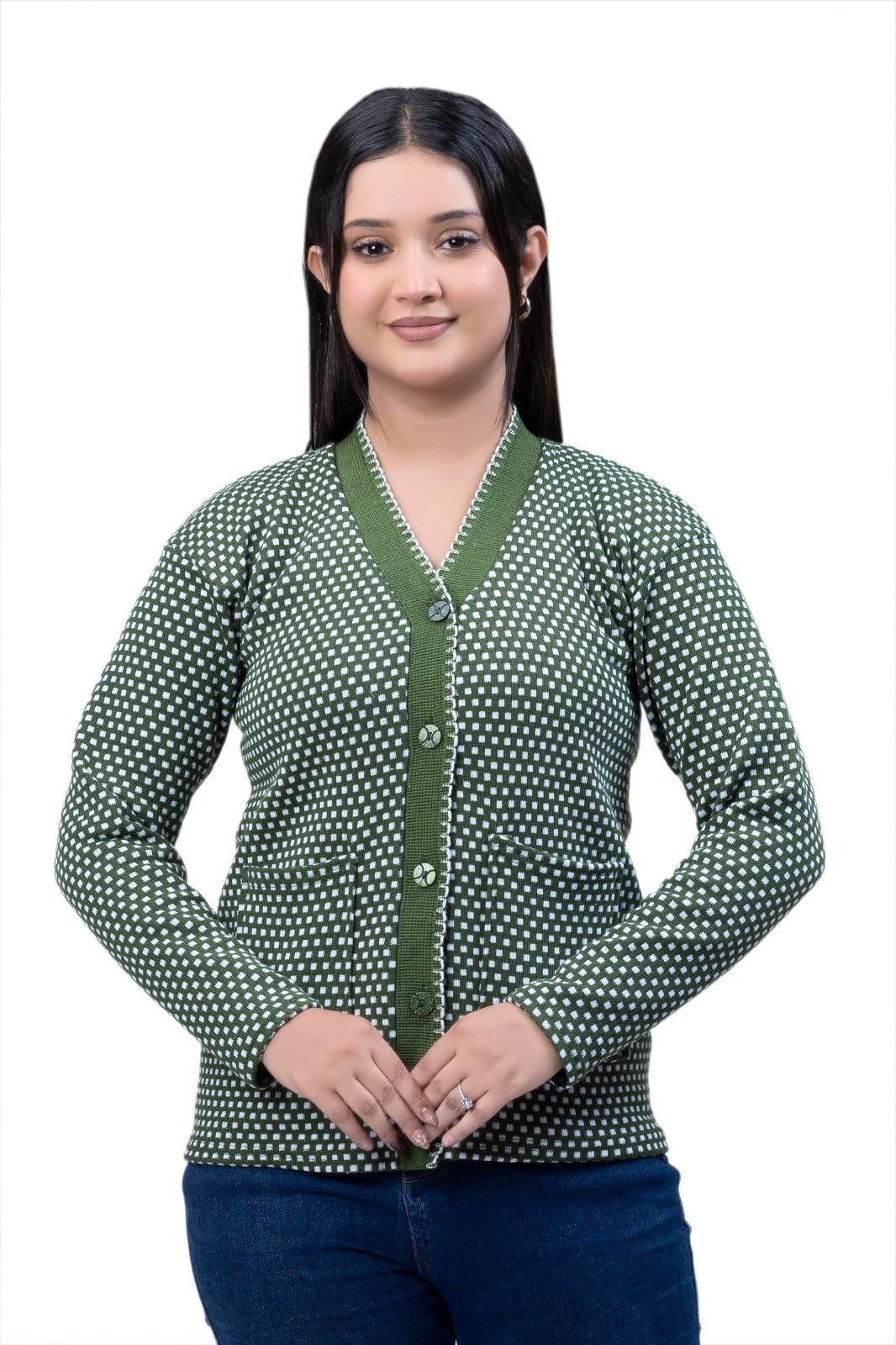 Women Dotted Print Sweater Cardigan Winter Wear V Neck Full Sleeves Stylish Women Cardigan Sweater (Green)-image-3