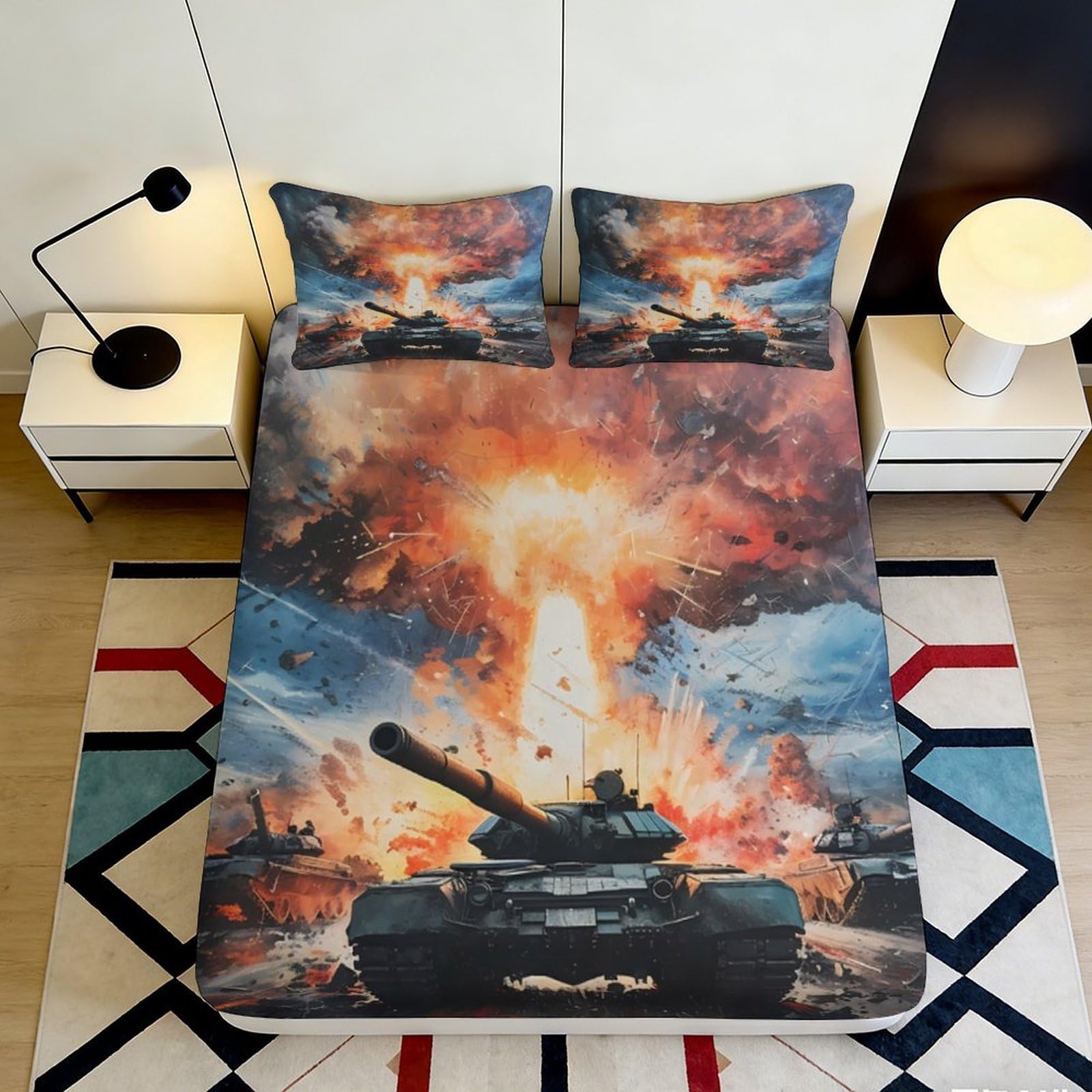 3D Printed Explosion Battle Tank Fitted Sheet Microfiber Soft Bed Cover Bedroom Dorm Decor Protection 90x200x25cm