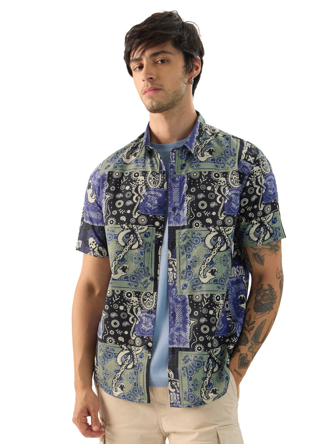 The Souled StoreOfficial Harry Potter: Death Eater Men and Boys Short Sleeve Collared Neck All Over Printed Regular Fit Cotton Summer Shirts