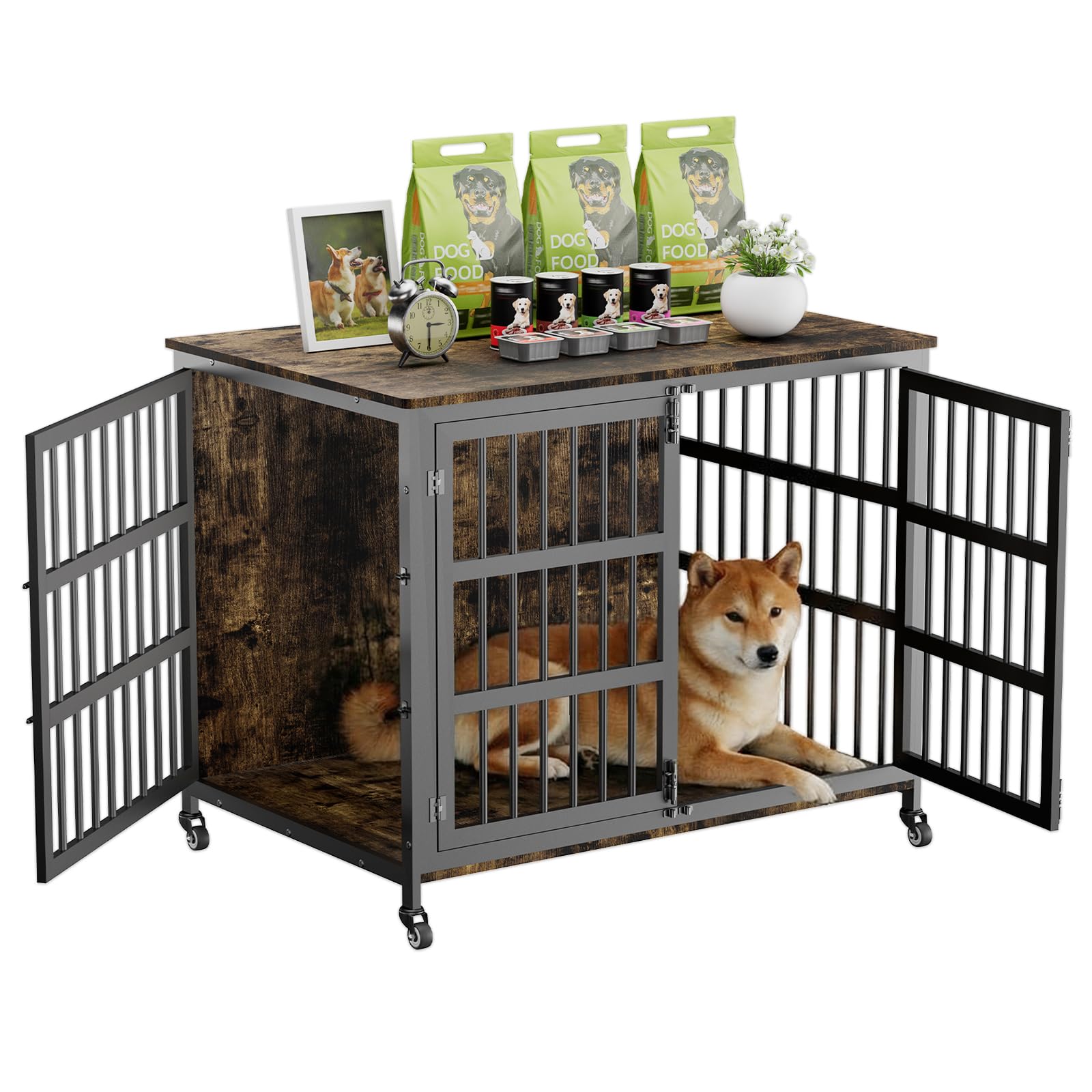 41" Large Dog Crate Furniture with Wheels, Dog Kennel, Chew-Resistant Dog Cage Indoor for Large &amp; Medium Dogs, 40.8" L x 28.3" W x 30.9" H, Decorate House as TV Stand — Rustic Brown