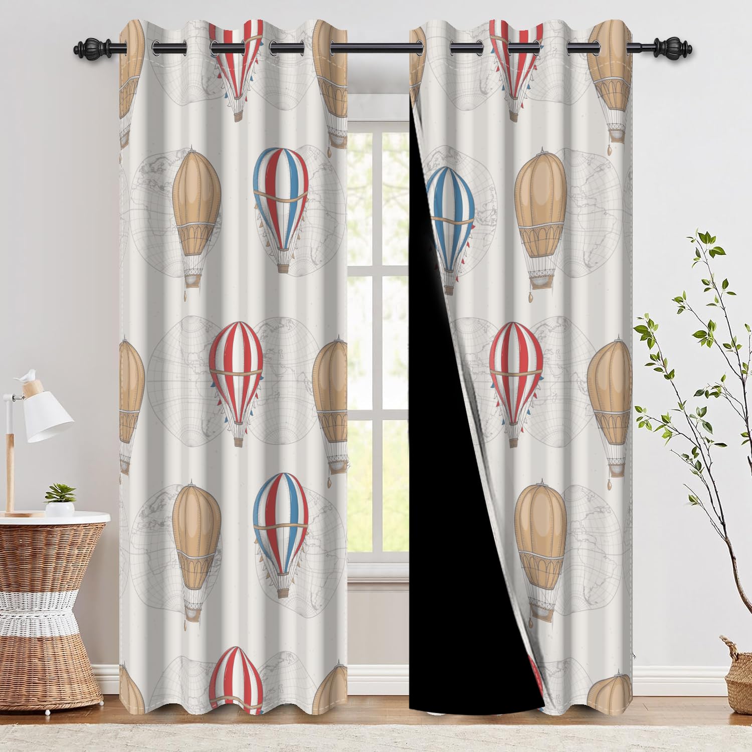 DASHAN Hot Air Balloons Blackout Curtains for Kids Children Bedroom 84 inch Long 2 Panels Travel Printed World Map Window Curtains for Nursery Living