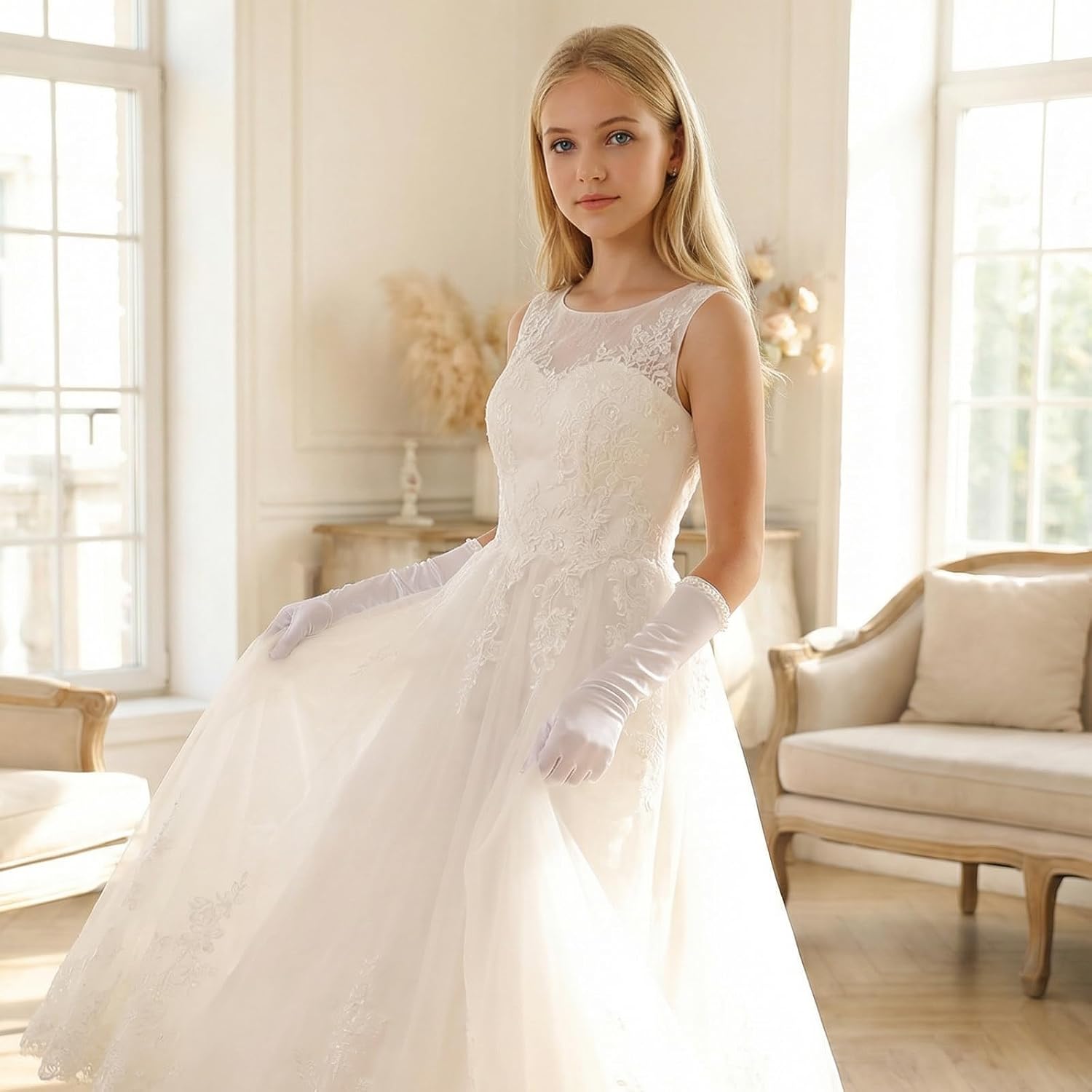 Long White Gloves for Girls, Princess Gloves with Pearls, Long White Glove for Children'S Parties, Weddings, Birthdays, And Other Occasions