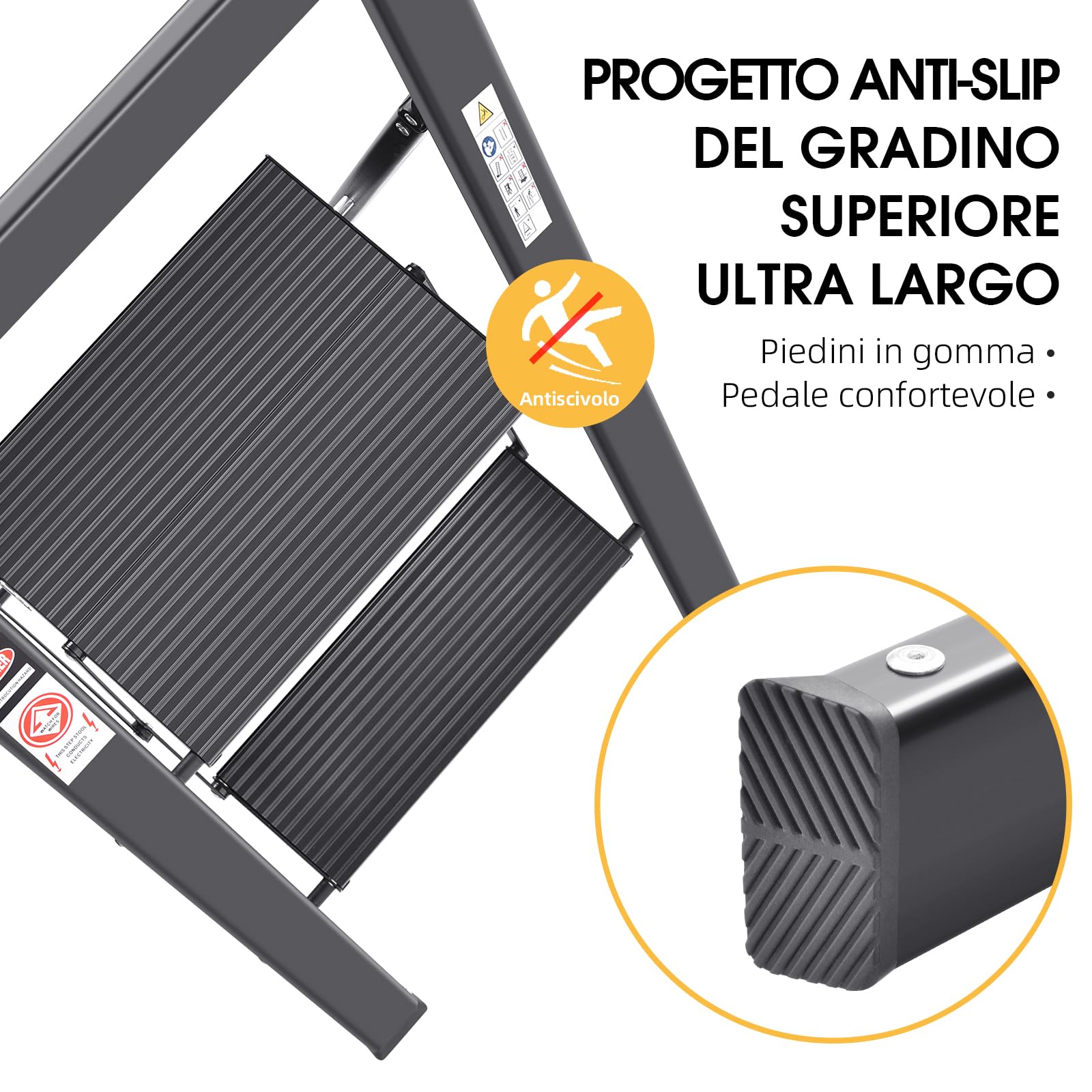 KINGRACK Scaletta 2 Gradini di Pieghevole, Scala in Alluminio con Corrimano, con Dispositivo di Protezione di Sicurezza. Gradini Antiscivolo, Massima 150kg, Nero