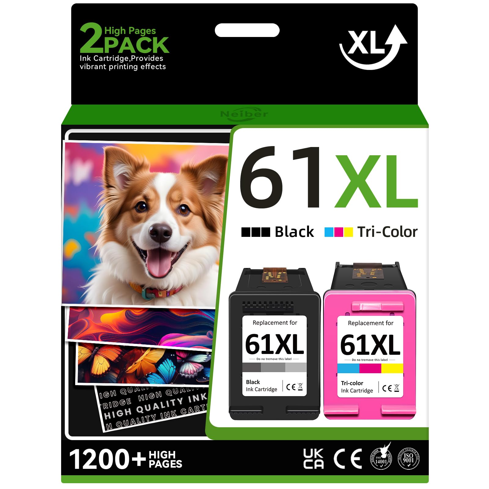 Neiber Compatible 61XL Ink Cartridge Replacement for HP Envy 4500 5530 4502 Officejet 4630 4635 DeskJet 1000 1010, Black, Tri-color, 2-Pack