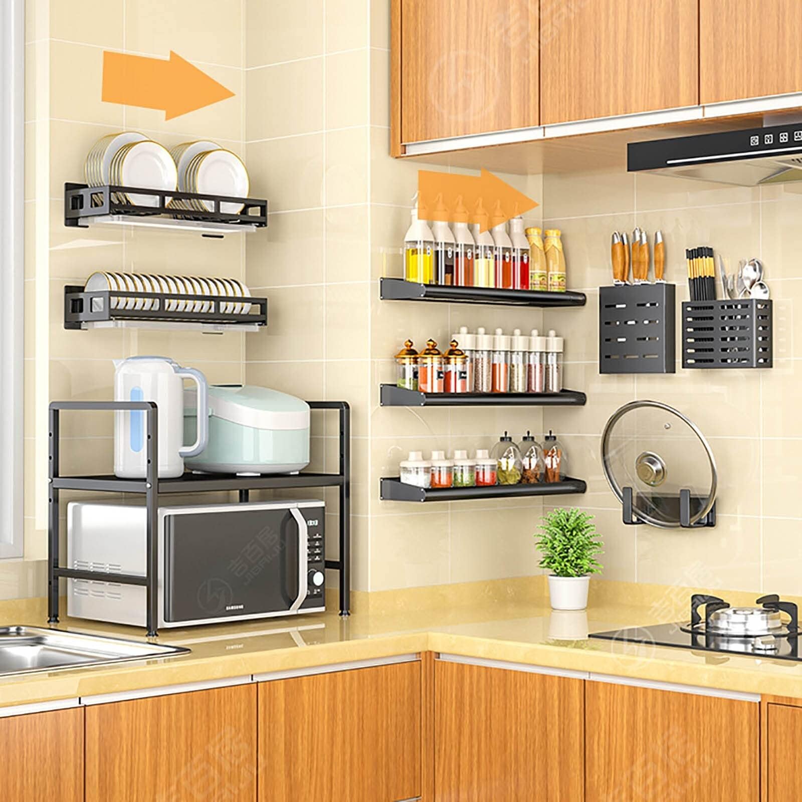 Estante de metal montado en la pared, organizador de especias que ahorra espacio para hierbas y frascos, 30 cm y 70 cm, solución de almacenamiento de cocina, color negro, perfecto para especias y