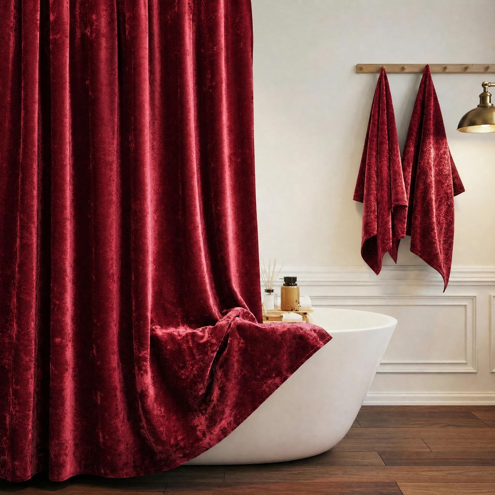 TAMGHO Tenda da doccia rossa per bagno, lussuosa tenda da doccia in velluto riccio rosso, tenda da doccia scura con ganci in metallo dorato Decro, tessuto spesso lavabile in lavatrice, bordeaux, 183 x
