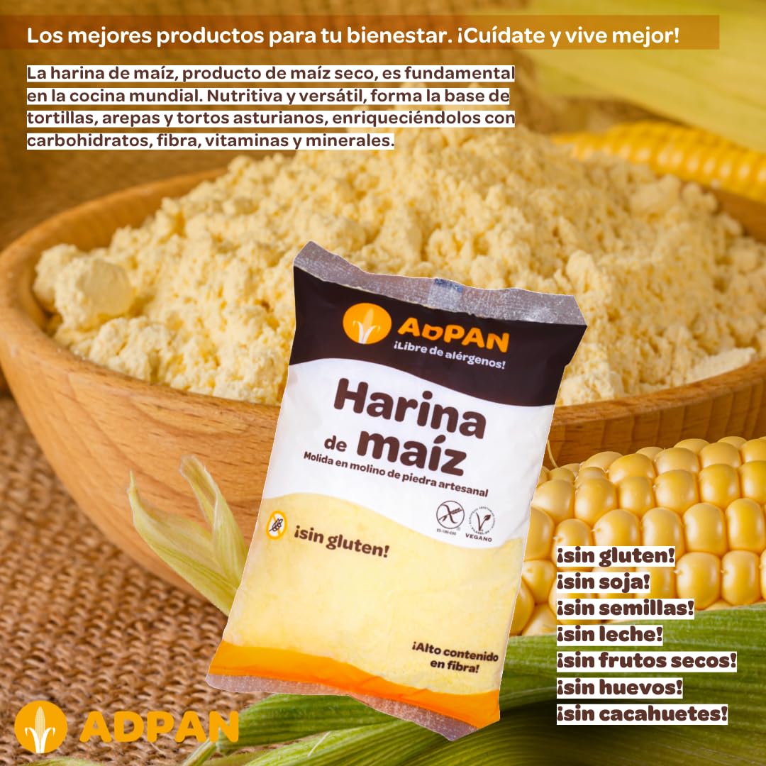 ADPAN Harina de Maíz Sin Gluten 100% Natural | Molida en Molino de Piedra | Ideal para Arepas, Tortillas, Pan y Repostería | Textura Fina y Sabor Auténtico | Pack 3 x 1kg