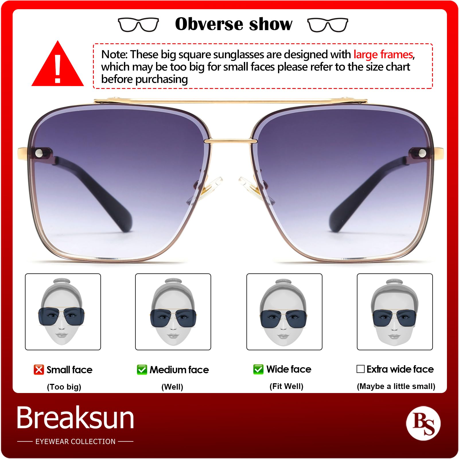 Breaksun Übergroße quadratische Piloten-Sonnenbrille für Damen und Herren, Metallrahmen, getönte Gläser