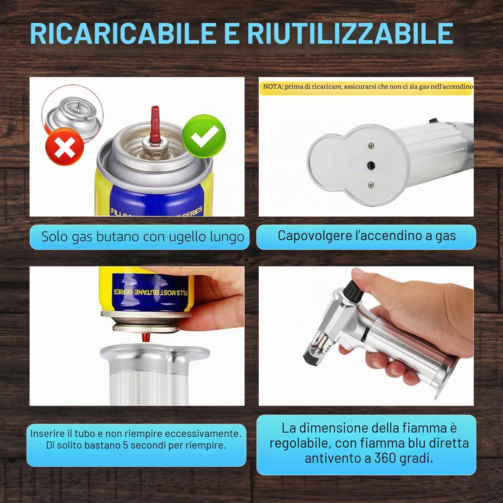 Tutto in metallo, bruciatore professionale da cucina con blocco di sicurezza, fiamma multiuso ricaricabile regolabile, per barbecue all'aperto, cottura