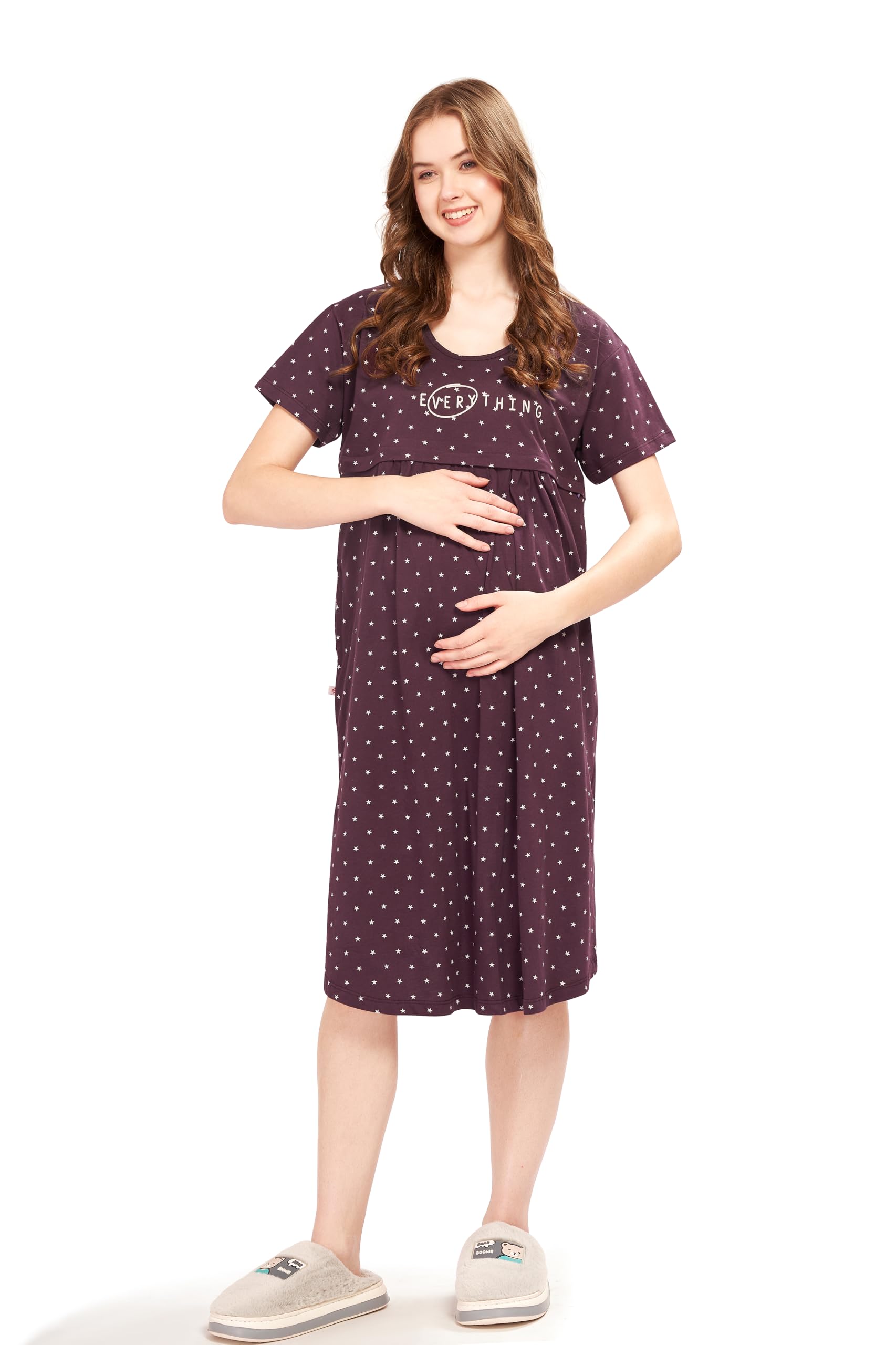 Women's Cotton Star Printed Knee Length Maternity Nighty 9406-image-18
