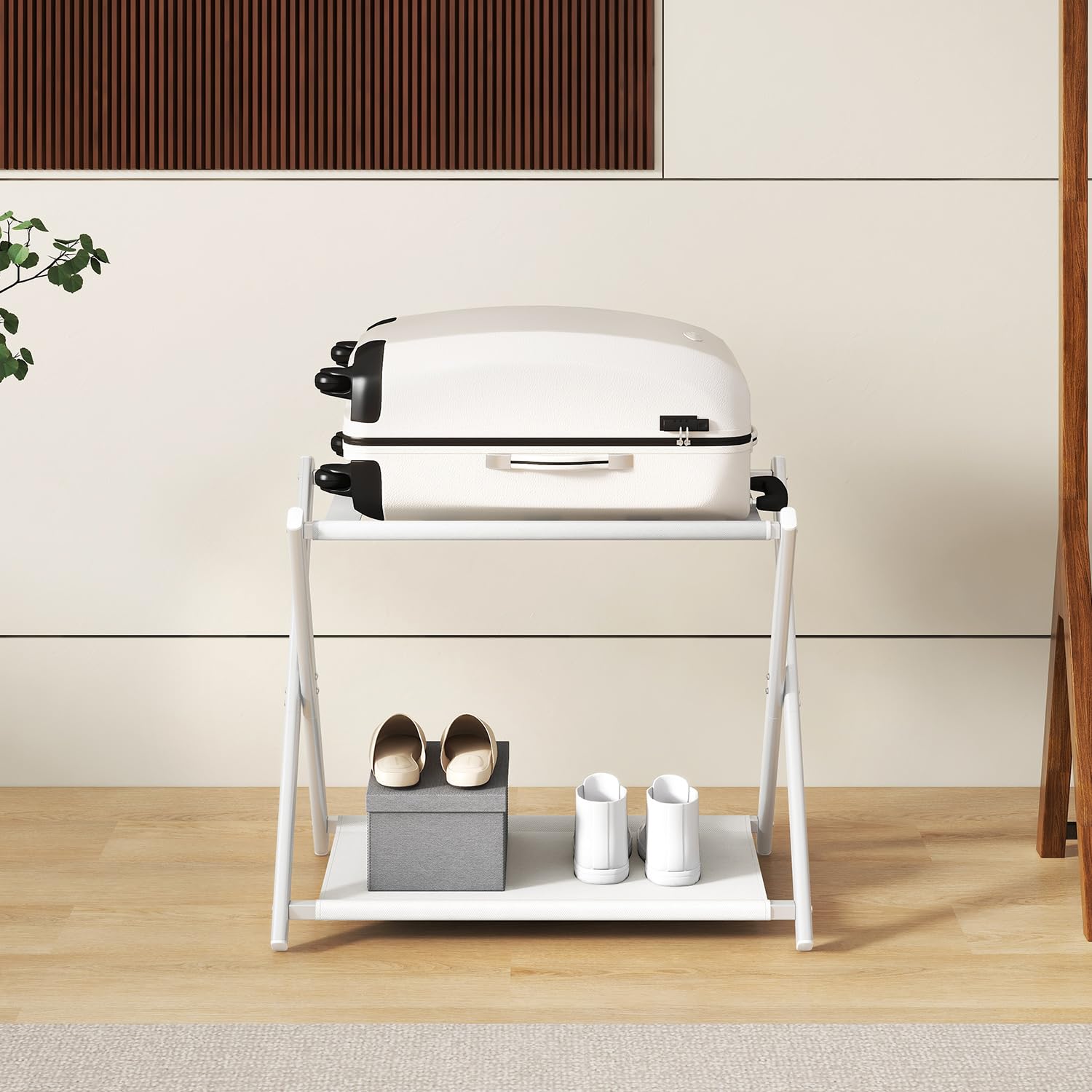 IBUYKE Luggage Rack Foldable Suitcase Stand with Storage Shelf White