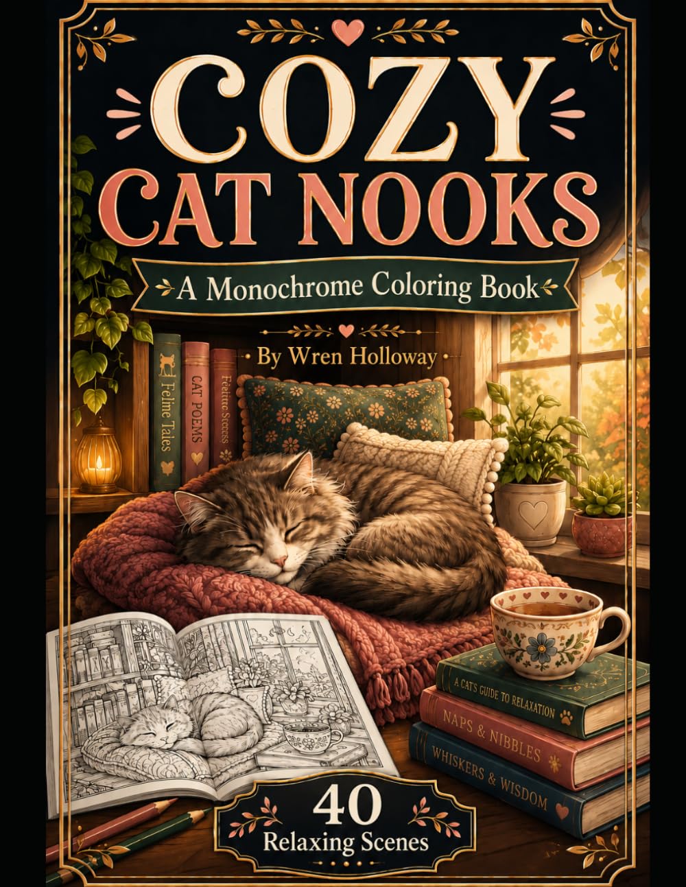 Cozy Cat Nooks: A Monochrome Coloring Book for Adults | 40 Relaxing Scenes of Cats in Cozy Spaces
