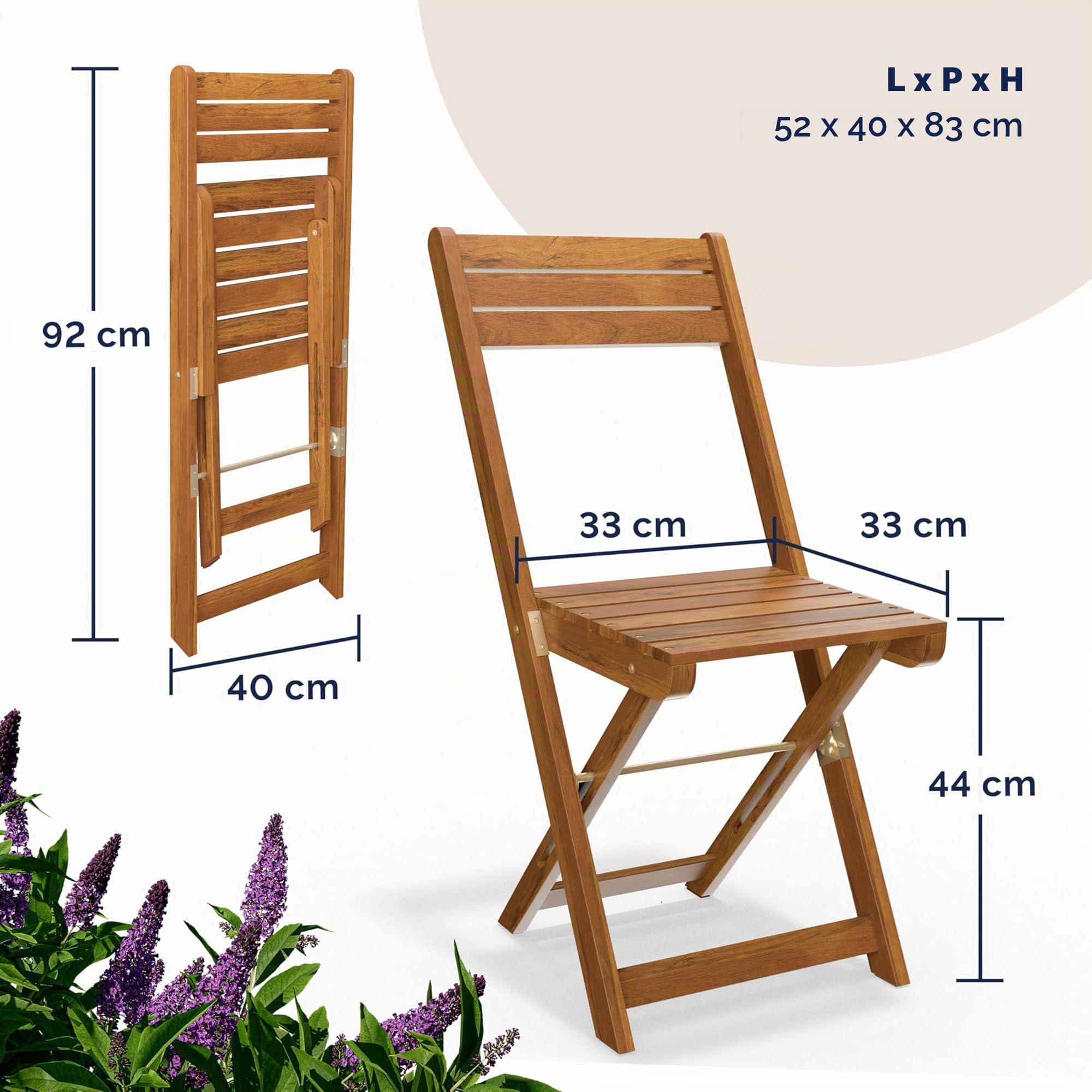 Casaria Set da Balcone Tavolo e 2 Sedie in Legno di Acacia Pieghevole 3 Pezzi