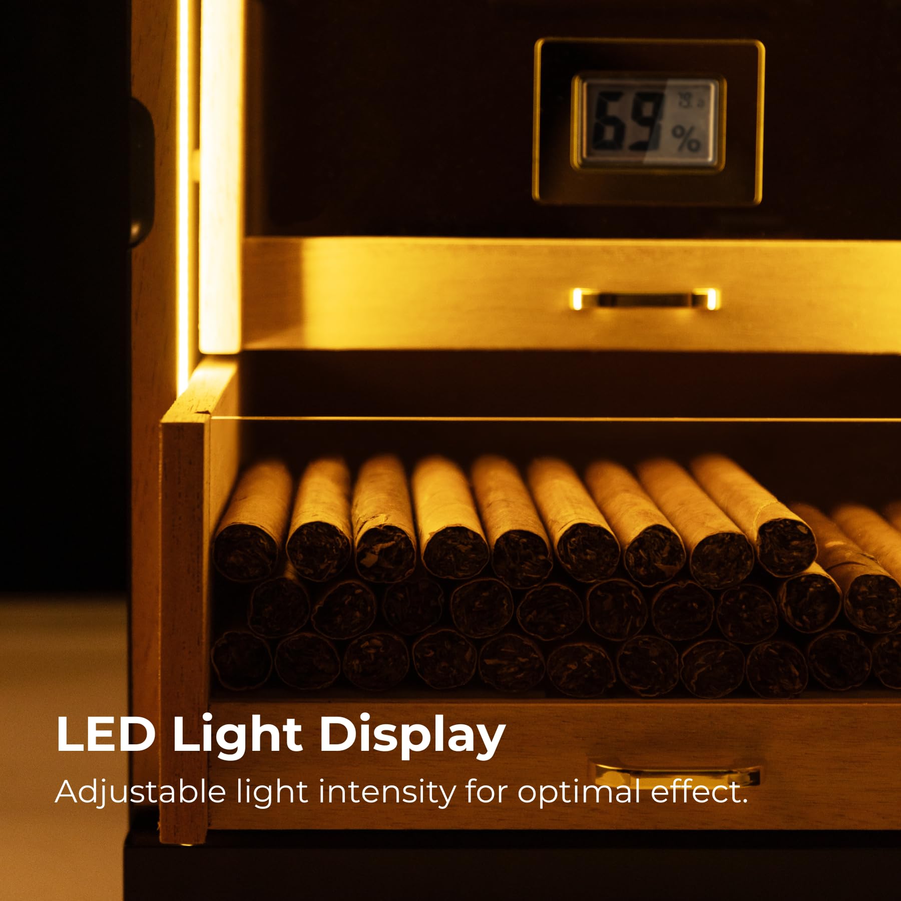 Woodronic Zigarren-Humidorschrank mit LED-Licht, magnetische Tür, 3 Schubladen und Trennwände aus spanischem Zedernholz, Zubehörschublade, digitales Hygrometer & Luftbefeuchter, glänzendes Ebenholz