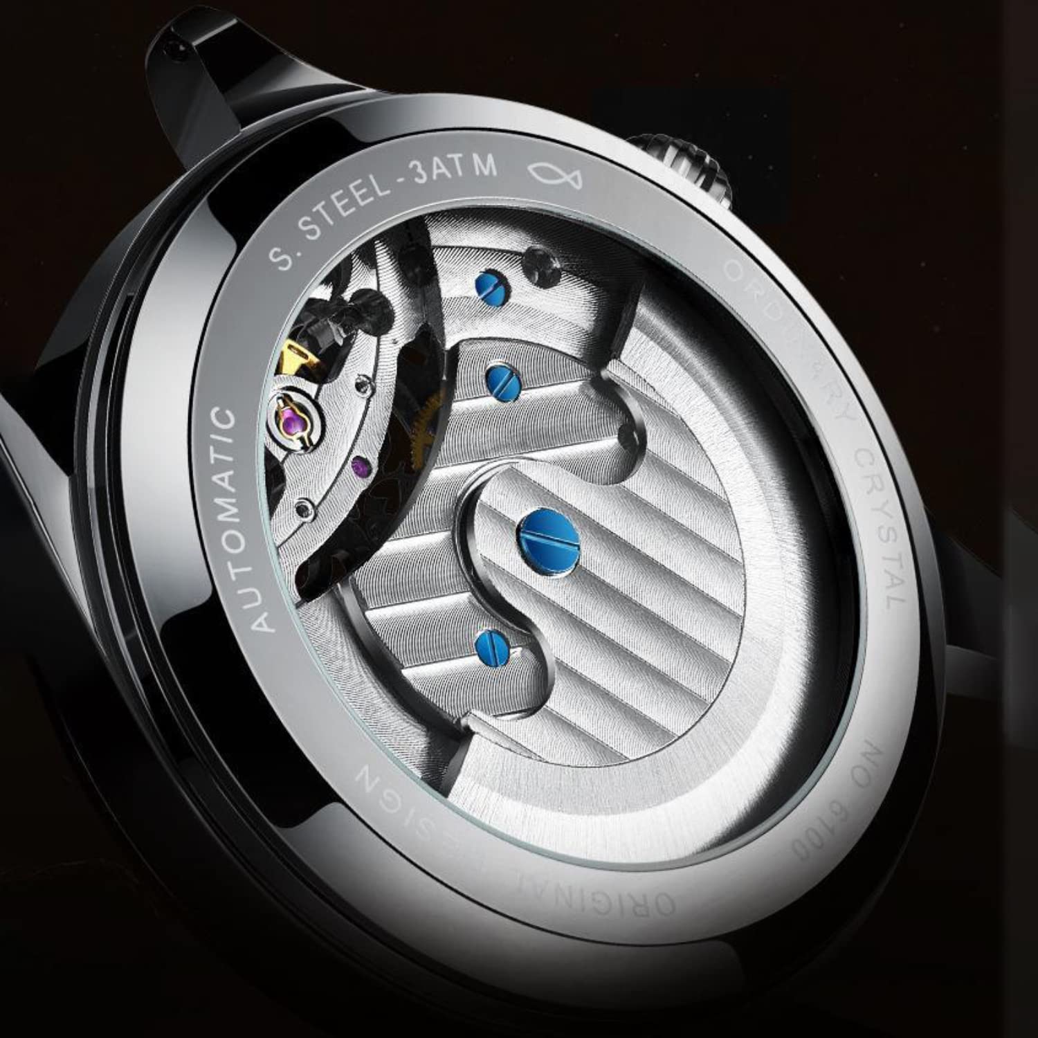 TEINTOP Reloj mecánico automático para hombre, diseño de esqueleto con cara blanca, sol y fase lunar