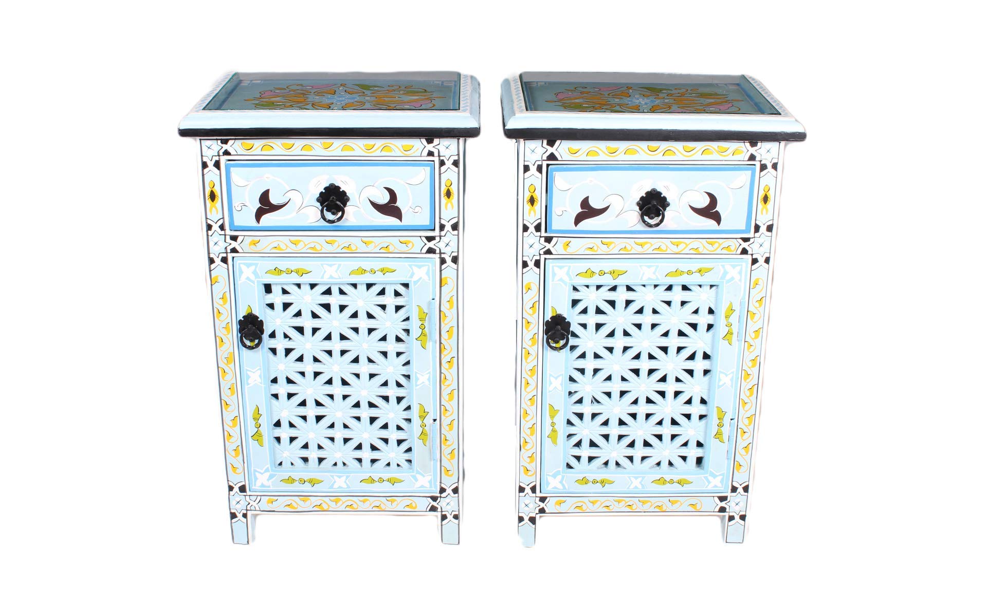 Moroccan Turquoise Nightstand Table Arabic Design with Glass Top Buy