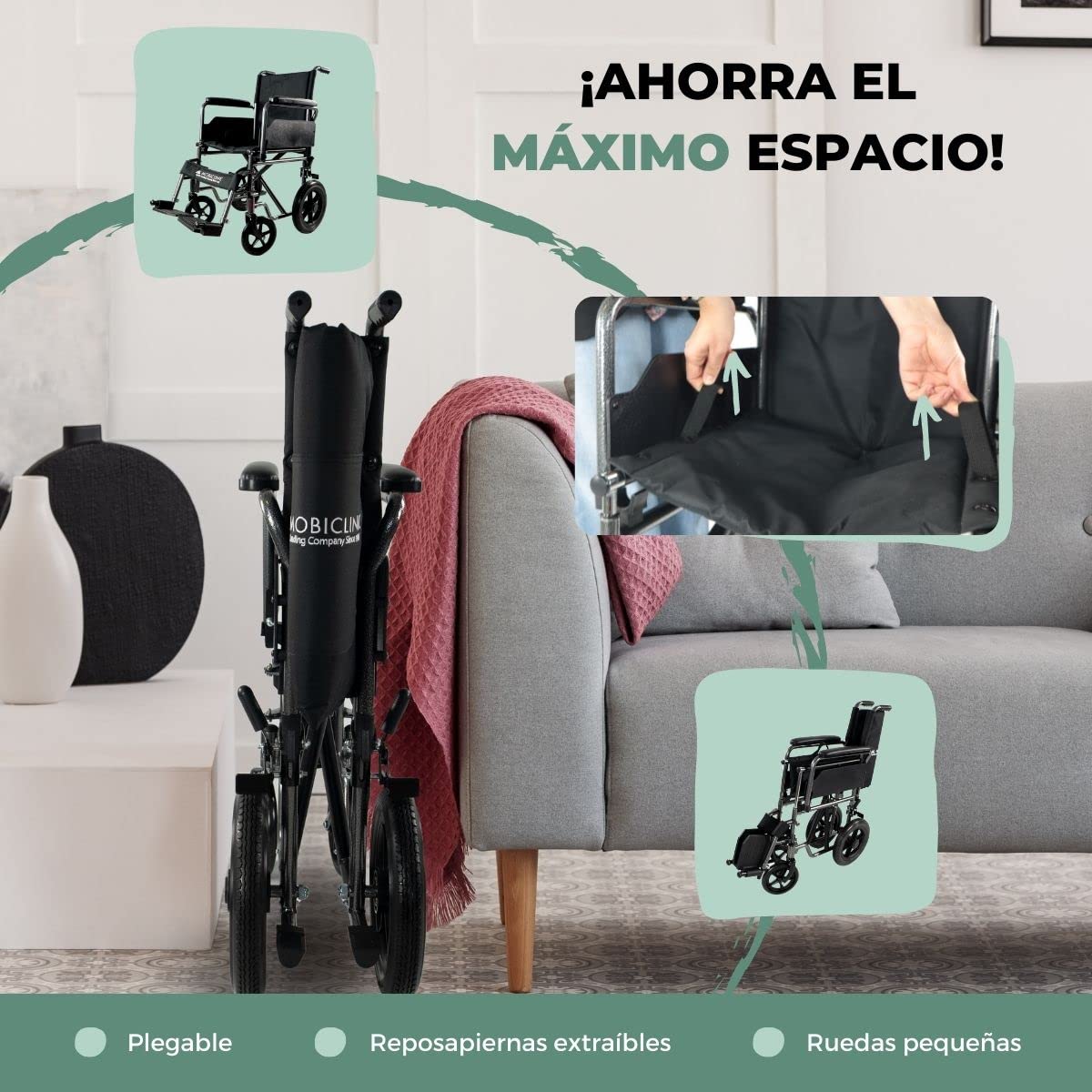 Mobiclinic®, Silla de ruedas, S230, Plegable y ligera, Asiento 40 cm, Reposapiés abatibles extraíbles, Reposabrazos acolchados, Pequeñas, Freno estacionamiento pie