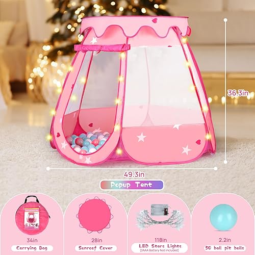 Miniatura 2 de Pozo de pelotas para bebés con 50 bolas, tienda de campaña desplegable de princesa con luces de estrella para regalo de cumpleaños de 1, 2 a 3 años,