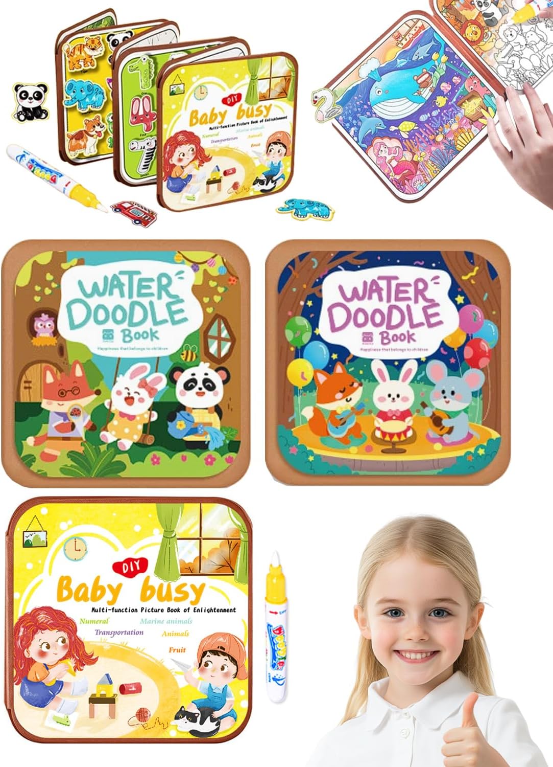 Reusable Magic Water Doodle Book for Kids - 2026 Magic Reveal Montessori Mess Free Coloring Book, Water Painting Books, No Stains, No Cleanup, Using Just Tap Water (3PCS)