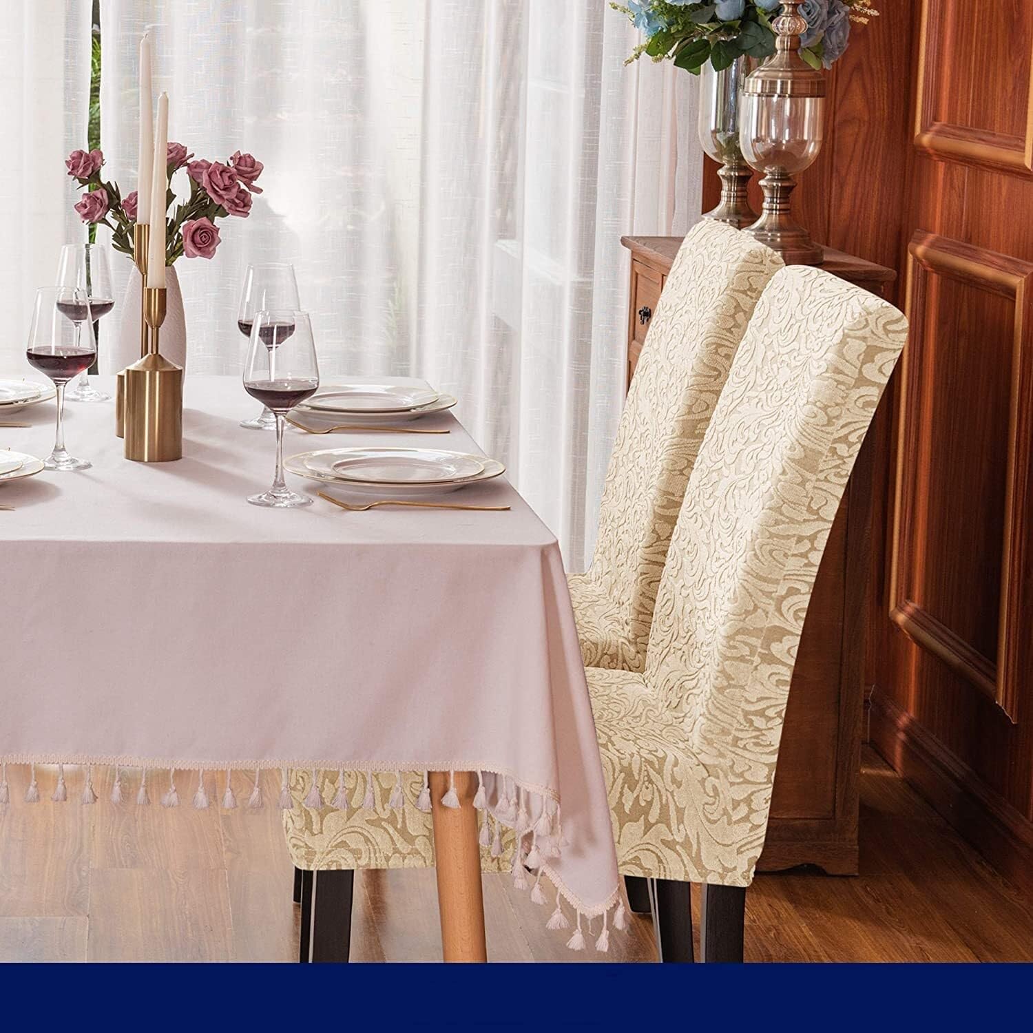 Fodere per Sedie da Pranzo Coprisedie per Sedia Lavabile Damascata Jacquard Mobili Elasticizzati Protezione Rimovibile per Sedia con Schienale Alto per Cucina(Kaki Chiaro,Set of 6)