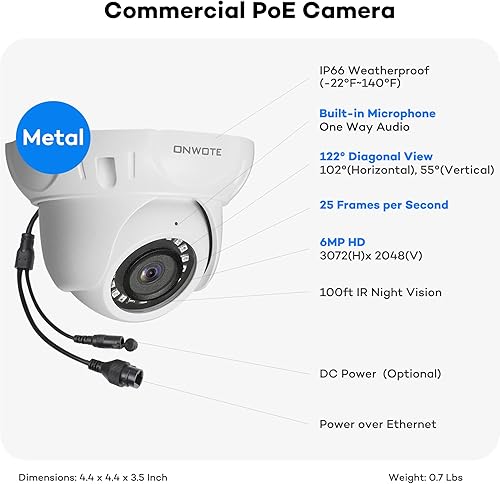 Miniatura 4 de ONWOTE Sistema de cámara de seguridad PoE NVR de 16 canales, 12MP 4K 16CH NVR comercial de 4 TB, 16 cámaras IP de 122 ° con cable de 6 MP para