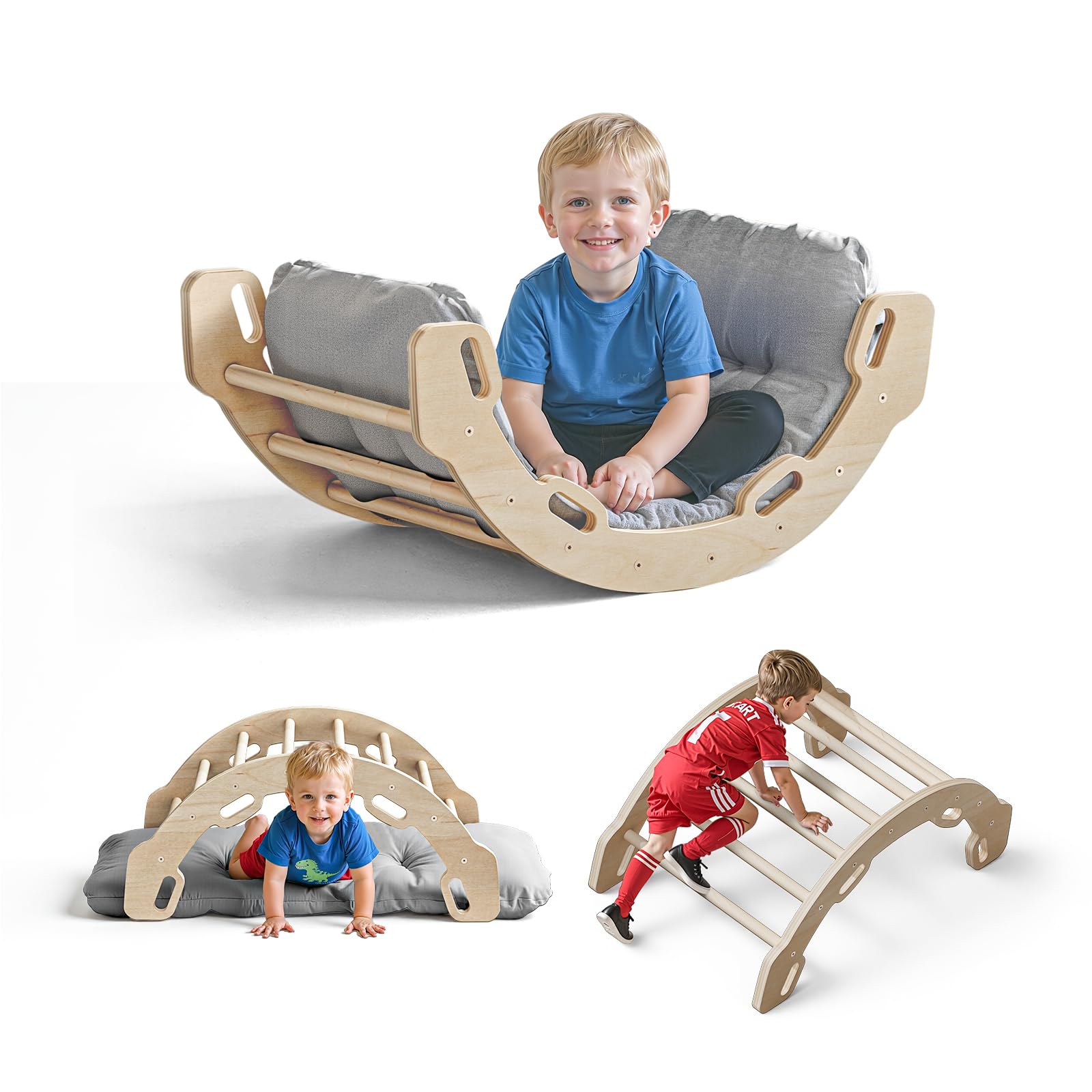 COSYLAND 3 en 1 Arco de Escalada Montessori con Cojín Suave – Triángulo de Escalada de Madera Doble Cara, Balancín y Estructura de Actividades, Niños de 18 Meses a 6 Años, Colores Natural