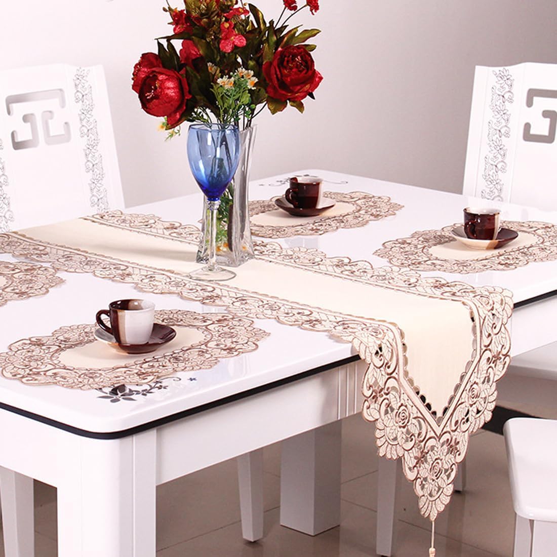 15 Inch X 96 Inch Flowers Embroidered Table Runner, Vintage Classic Polyester Lace Floral Dresser Scarves for Dining Coffee Table Kitchen Home Decor Wedding Party