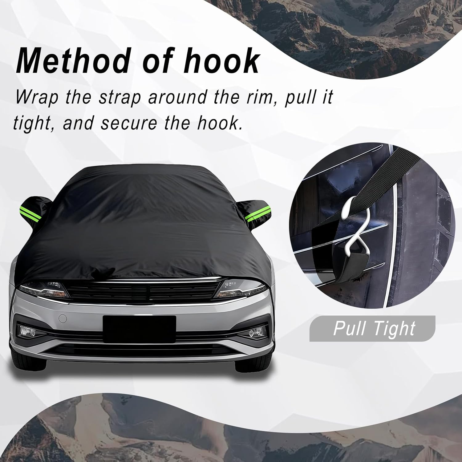 Half Car Cover, Waterproof Windshield Cover for Ice and Snow with Cotton Liner, All Weather Vehicle Body Protector with Reflective Straps for Sun, Rain, Dust, Frost, Fit SUV (YL)