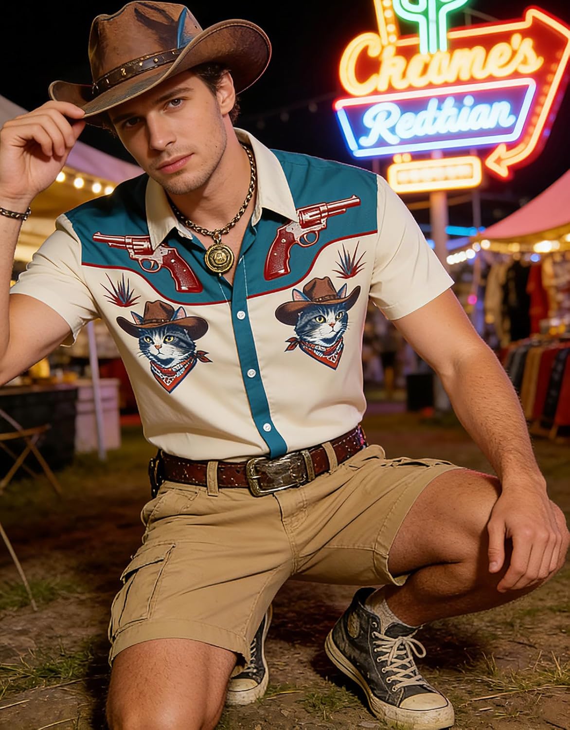 RAISEVERN Mens Hawaiian Shirt Western Cowboy Button Down Short Sleeve Tropical Beach Dress Shirt for Summer Holiday - Image 4