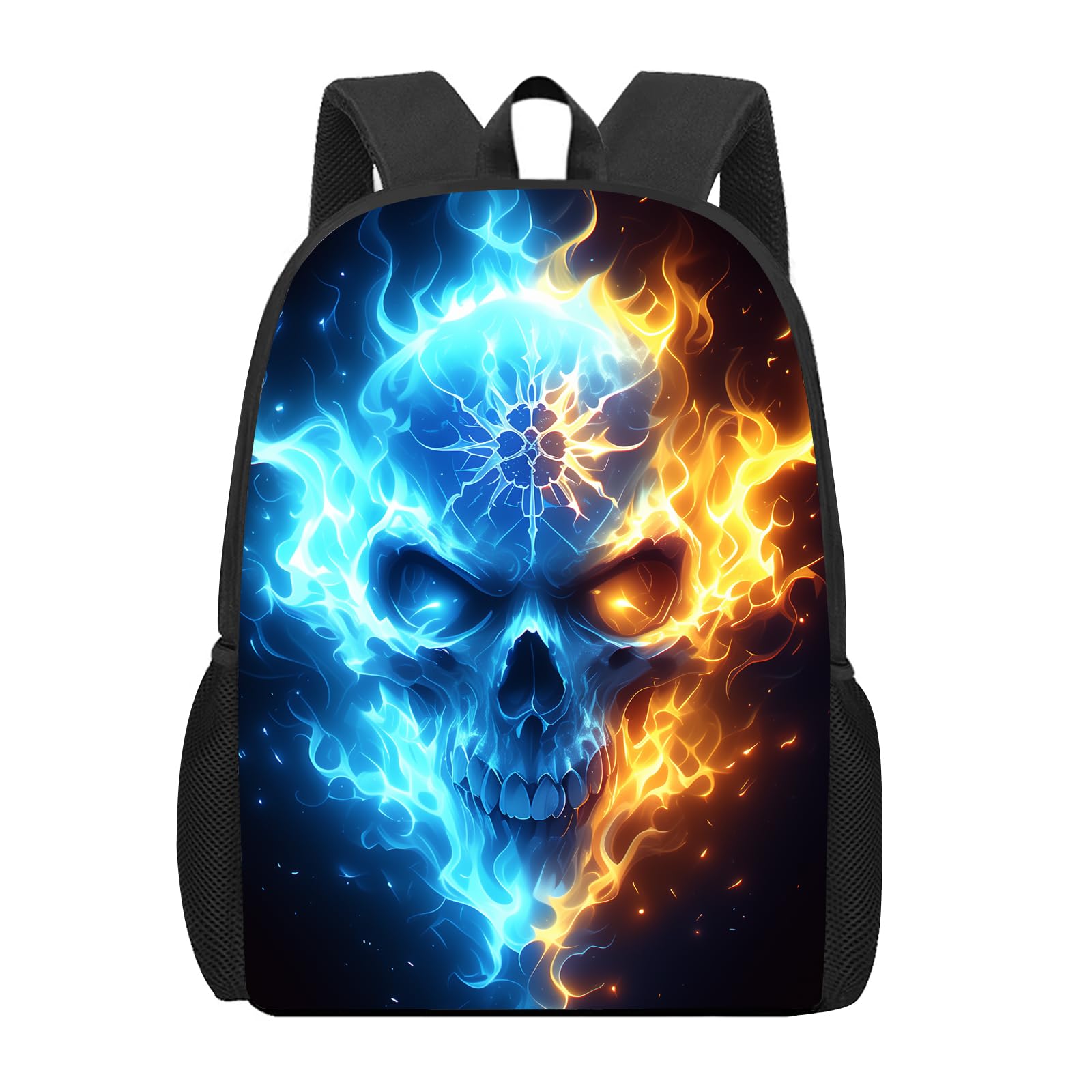 SARA NELLGothic Kids Backpack Ice and Fire Skull Backpack for Boys Girls, Water Resistant Elementary Middle High College School Students Travel Laptop Backpack, Goth Skull, 17 Inch