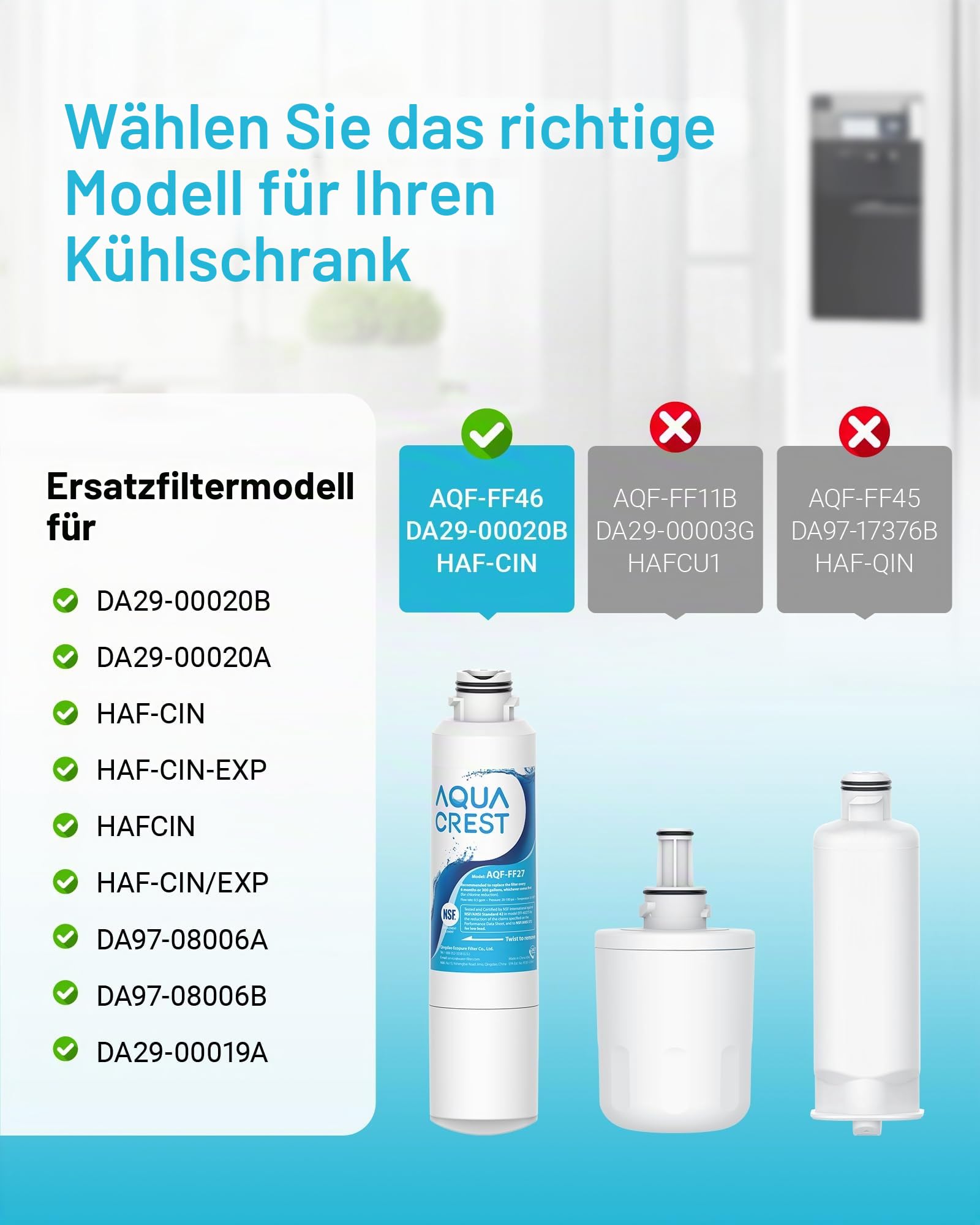 AQUACREST Kühlschrank Wasserfilter, Kompatibel mit Samsung® DA29-00020B, HAF-CIN EXP DA29-00020A DA29-00019A DA97-08006 DA97-08043ABC Kenmore46-9101 REFSVC AP5271937 HDX-FMS-2 (3)