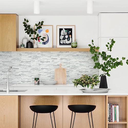 Miniatura 6 de STICKGOO Volakas - Azulejos de pared autoadhesivos para despegar y pegar, 20 hojas para salpicaduras de cocina y baño, aspecto blanco PVC, mezcla de