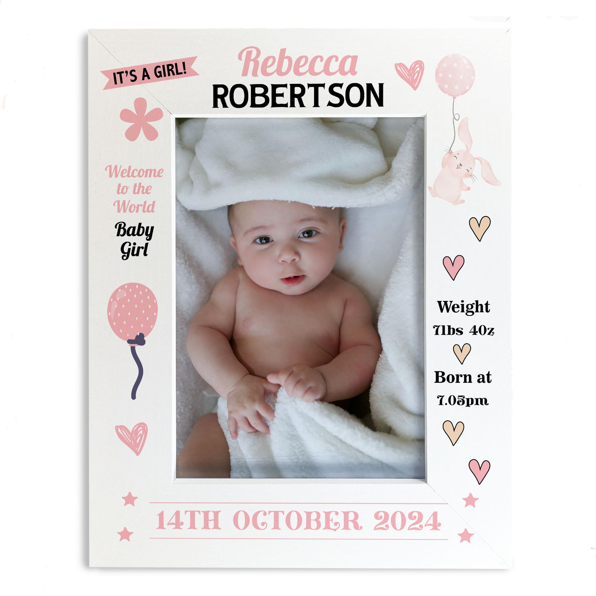 Personalised Baby Girl Photo Frame With Birth Details and Cute Design New Baby Gift Nursery Photo Frame Baby Photo Frame Gift For New Mummy Daddy Keepsake (Design 3)