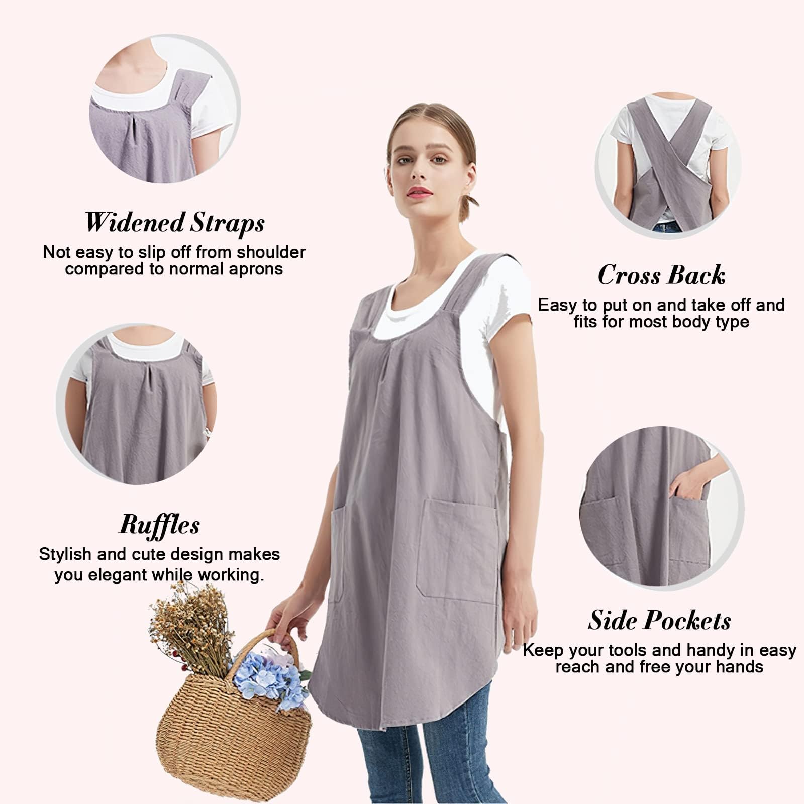 Garvee Delantal Japonés De Algodón y Lino Para Mujer – Tirantes Cruzados Desmontables, 2 Bolsillos Amplios, Ideal Para Cocina, Hornear, Barbacoa y Jardinería