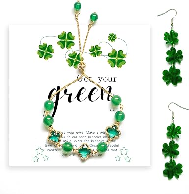18K Gold Plated Clover Lucky Bracelet-St. Patrick's Day Four Clover Link Bracelets Trendy Jewelry Gifts for Women,Mon,Wife,Sister (Free Acrylic Dangle Earrings)