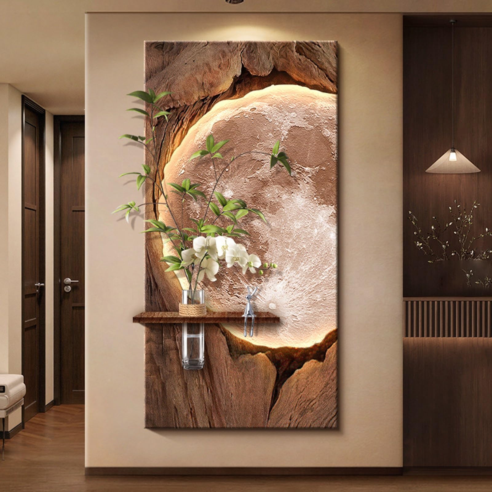 Sztuka ścienna 3D z piaskowca ze światłami LED, nowoczesna okrągła rzeźba reliefowa z wiszącym szklanym wazonem i sztuczną orchideą, zasilacz wtykowy do salonu