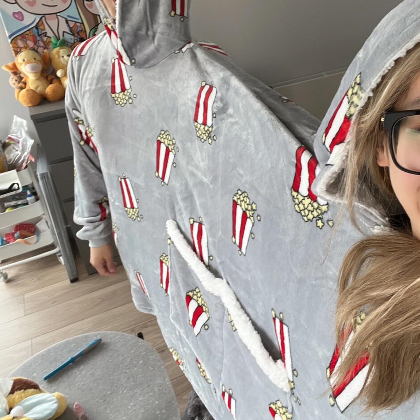 Pijamas Dobles de Franela para Parejas, Pijamas Creativos con Capucha Gruesa, Ropa Cómoda para el Hogar con Bolsillos, Gris, One Size