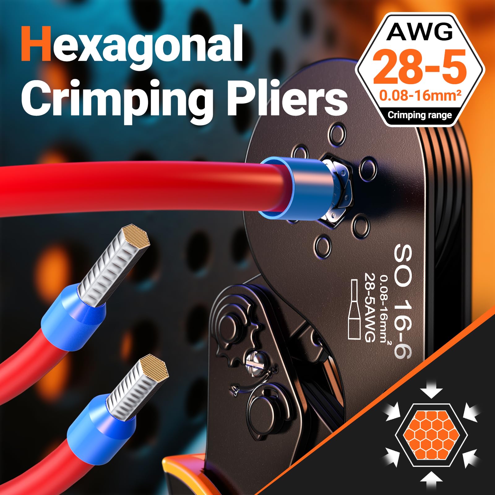 Preciva Kit di crimpatura per puntali, crimpatrice esagonale AWG 28-5 con cricchetto autoregolante, include 1500 puntali, per cablaggio industriale e terminali elettrici