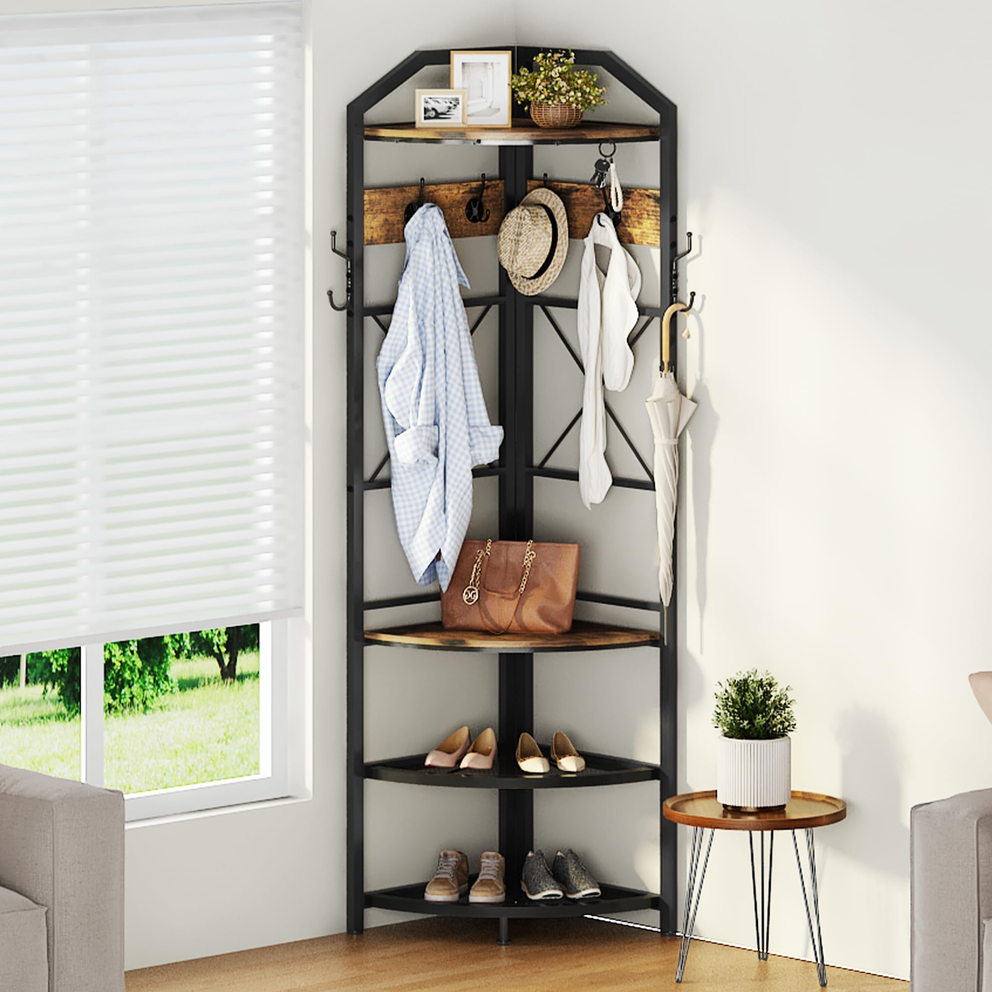 LTTROMAT Corner Hall Tree with Bench for Entryway, Freestanding