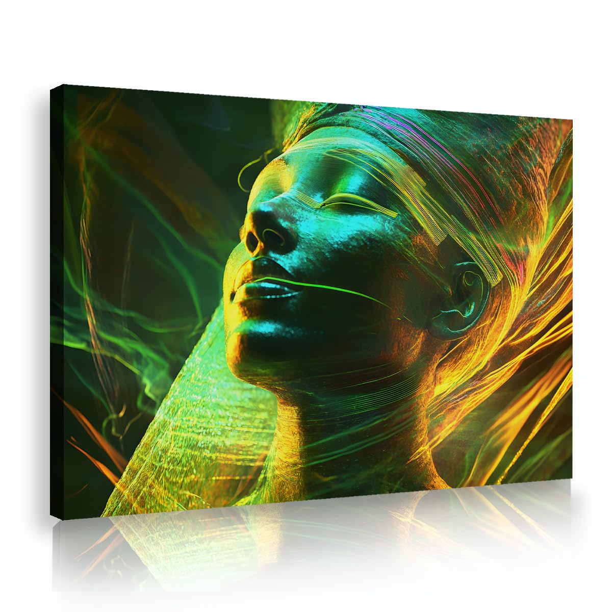TOANGWALL Green Yellow Canvas Wall Art African Woman Face Portrait Abstract Light Lines Framed Mural Graphic Poster Pictures Artwork for Lounge Hallway Studio Decor 50x75cm